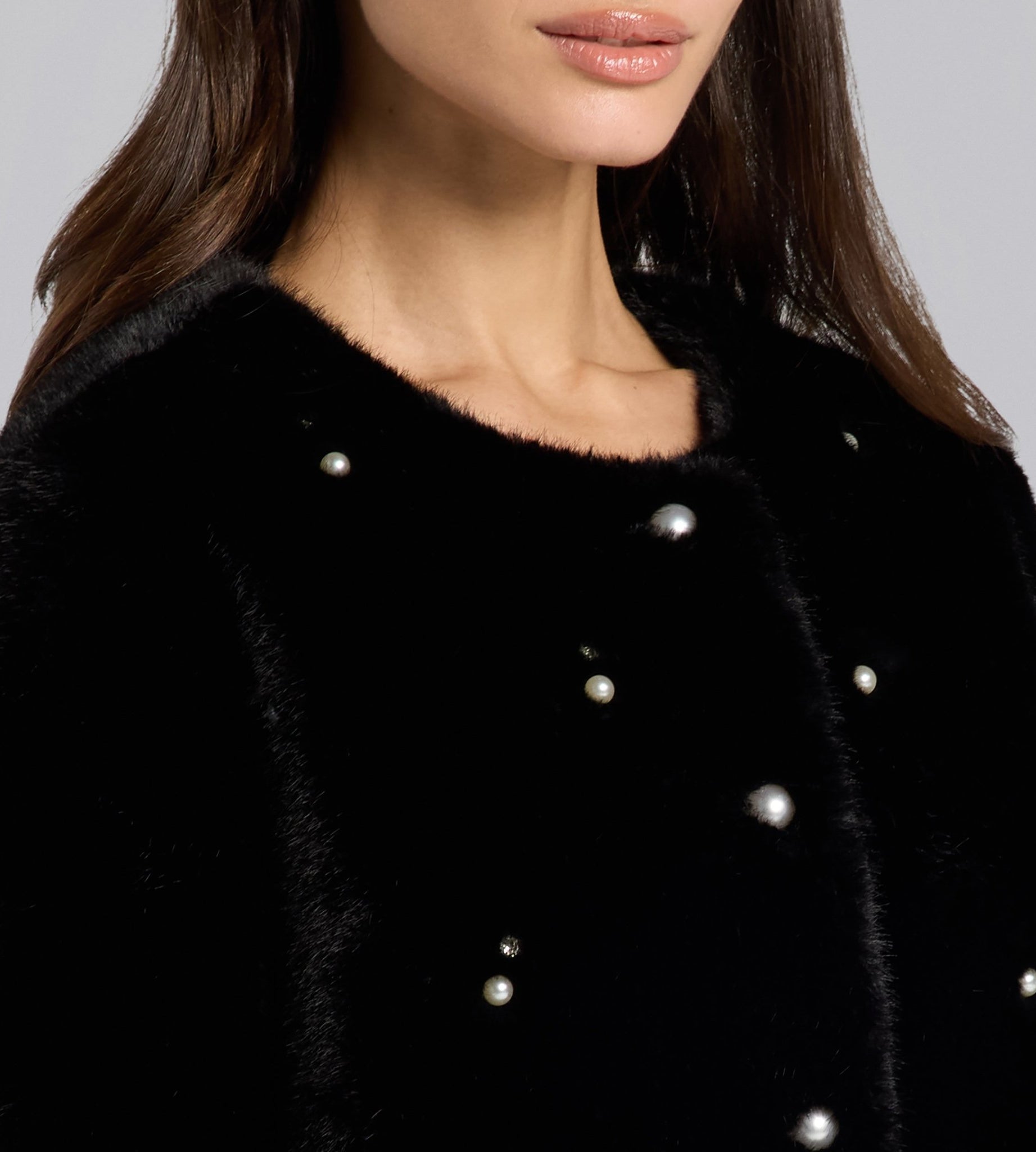 Black Faux Mink Fur Pearl - Embellished Jacket - shopaleena