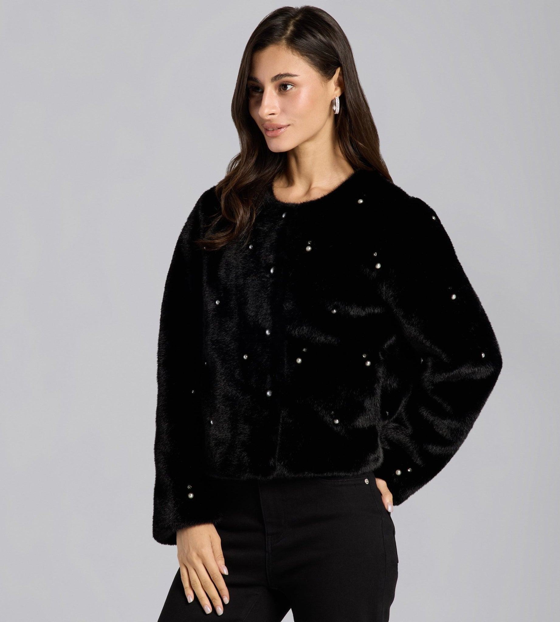 Black Faux Mink Fur Pearl - Embellished Jacket - shopaleena