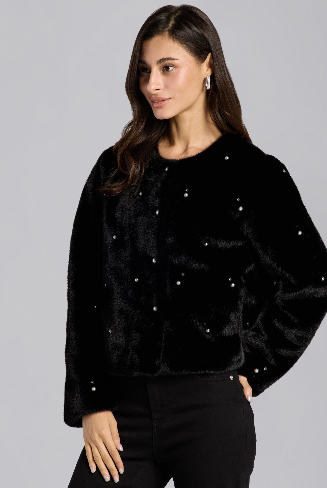 Black Faux Mink Fur Pearl - Embellished Jacket - shopaleena
