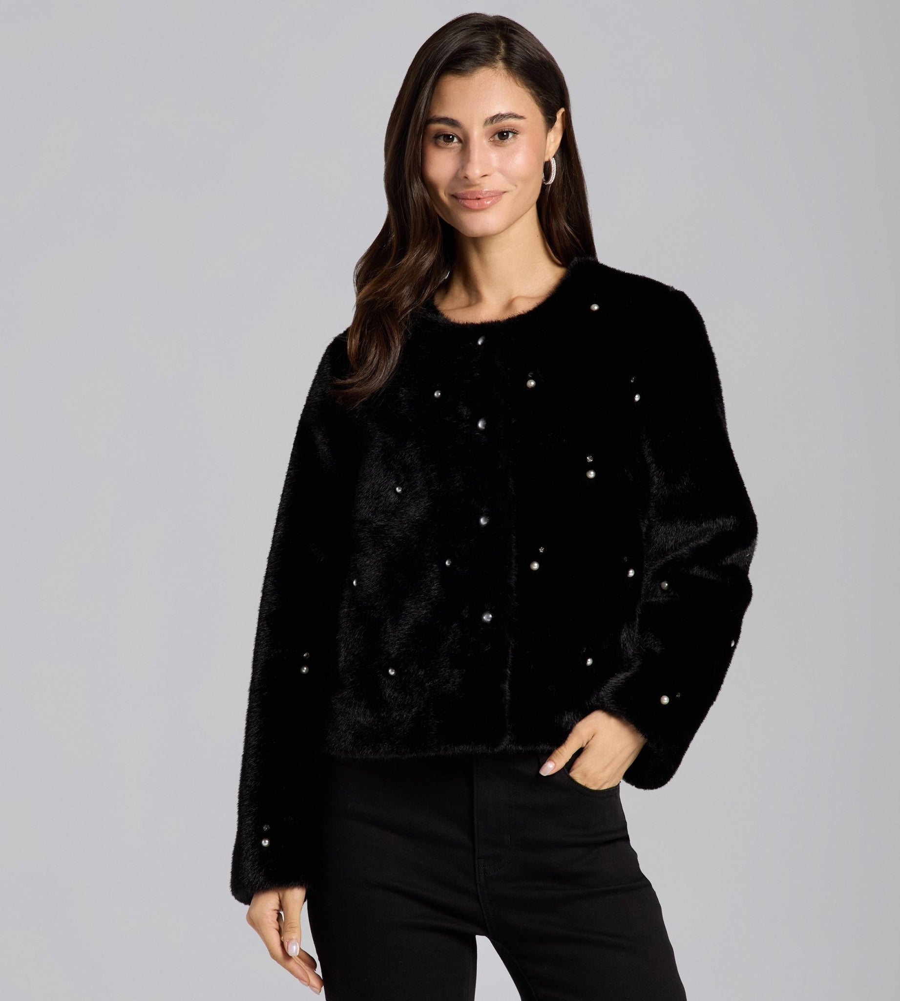 Black Faux Mink Fur Pearl - Embellished Jacket - shopaleena