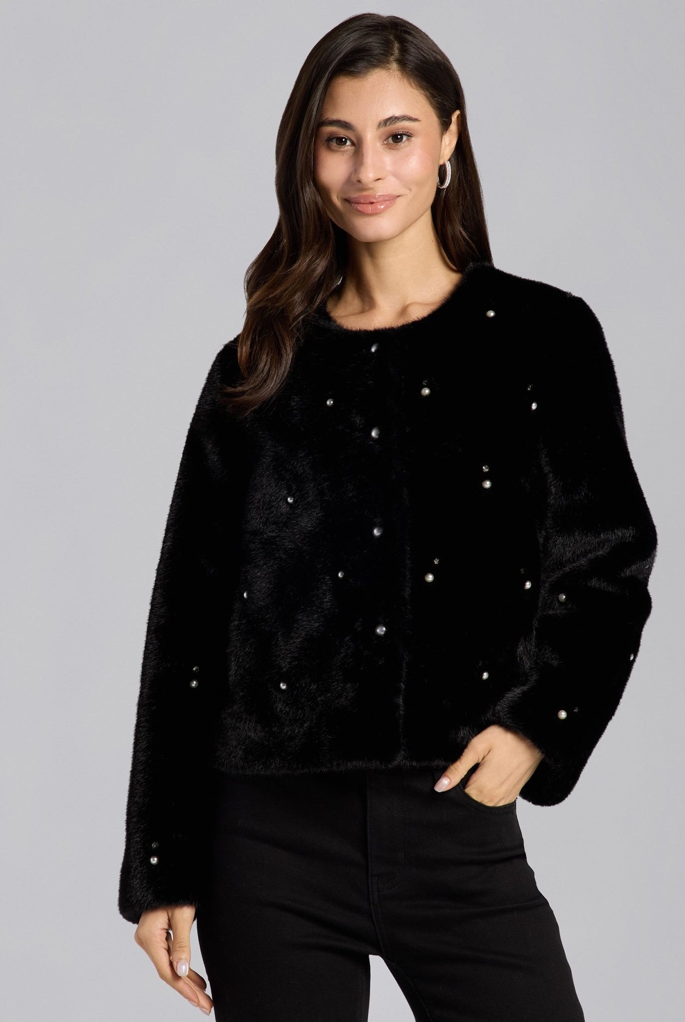Black Faux Mink Fur Pearl - Embellished Jacket - shopaleena