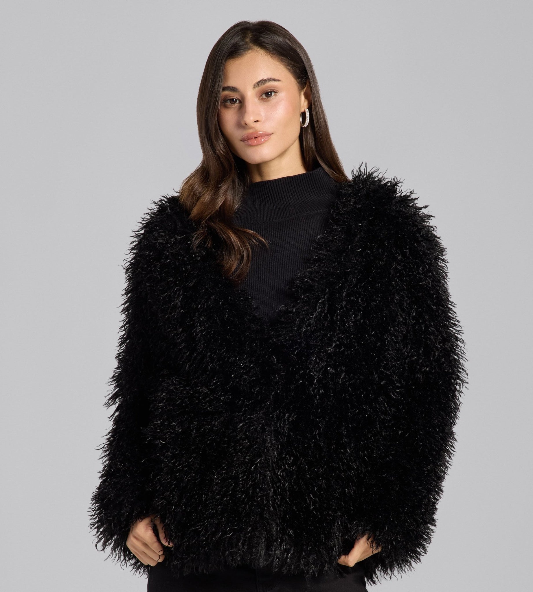 Black Faux Tibet Lamb Fur Jacket - shopaleena