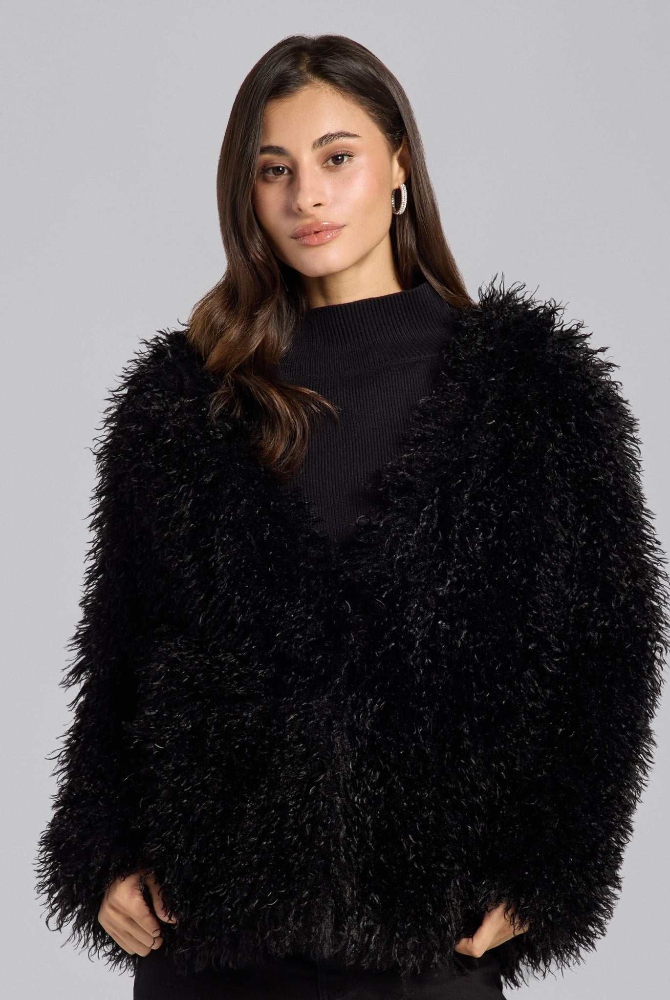 Black Faux Tibet Lamb Fur Jacket - shopaleena