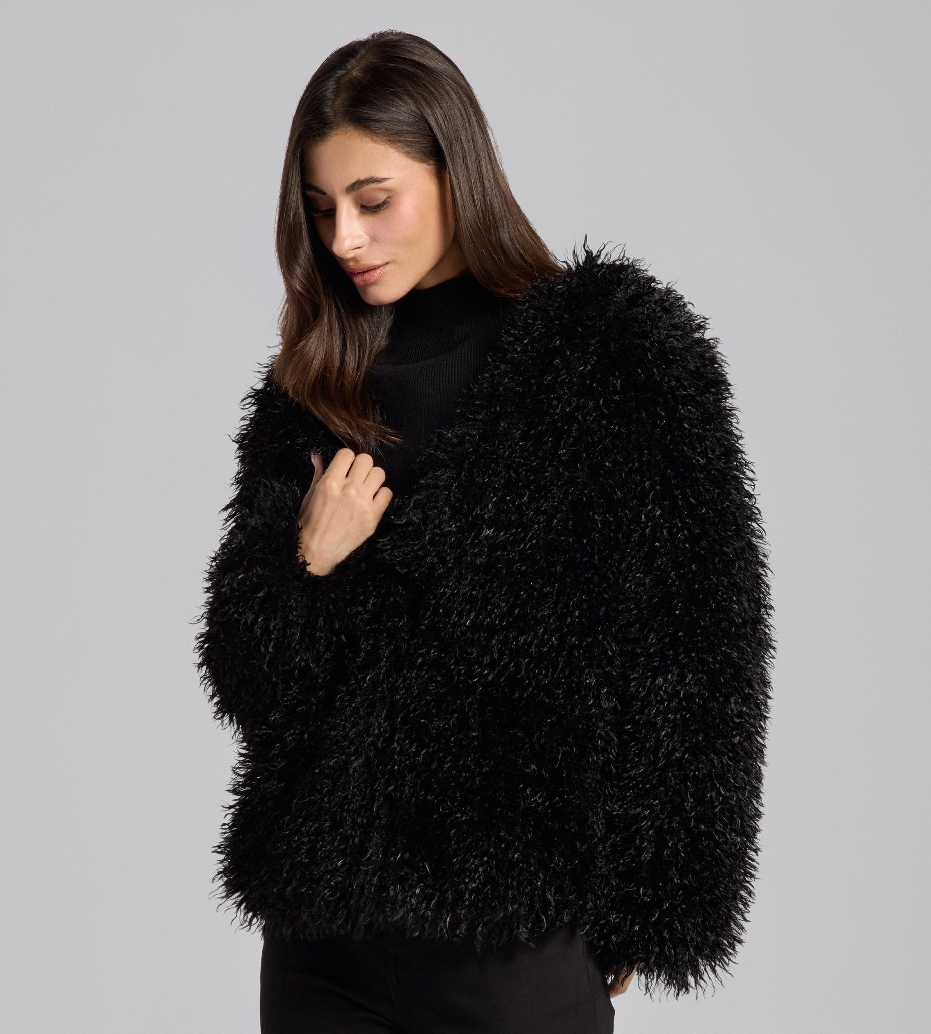 Black Faux Tibet Lamb Fur Jacket - shopaleena