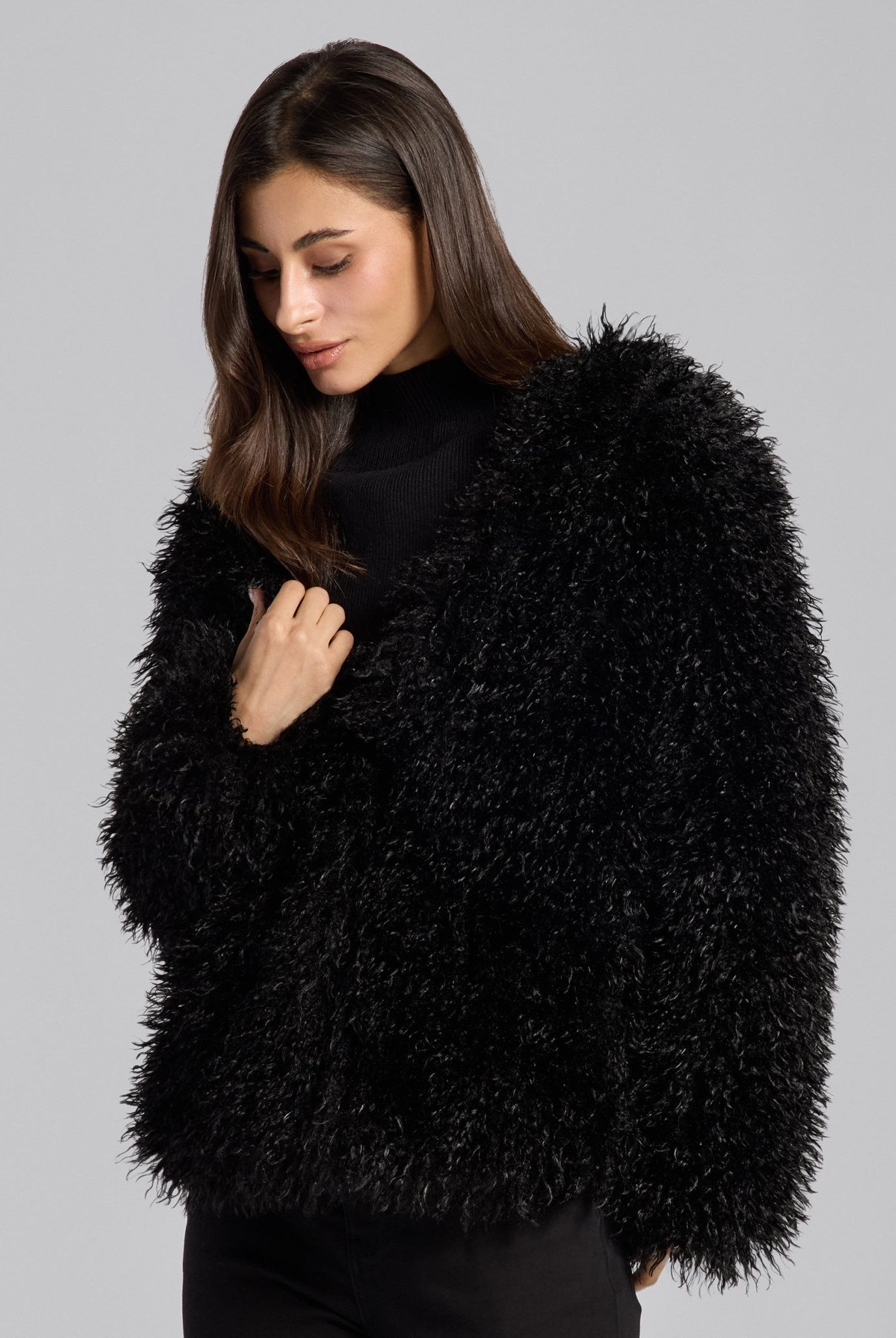 Black Faux Tibet Lamb Fur Jacket - shopaleena