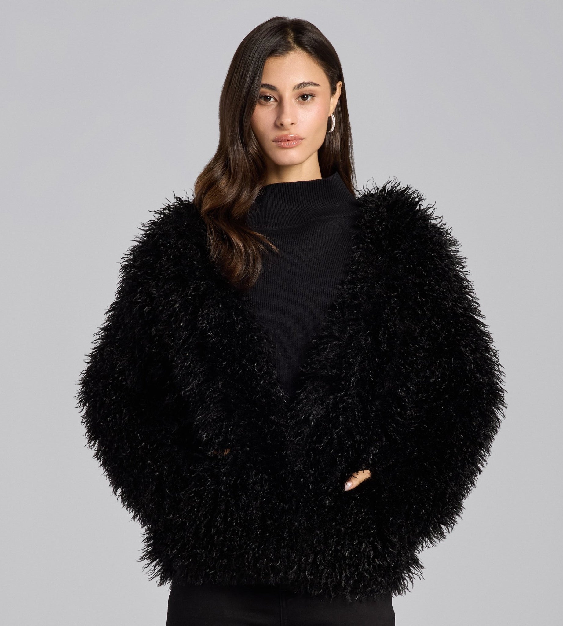 Black Faux Tibet Lamb Fur Jacket - shopaleena