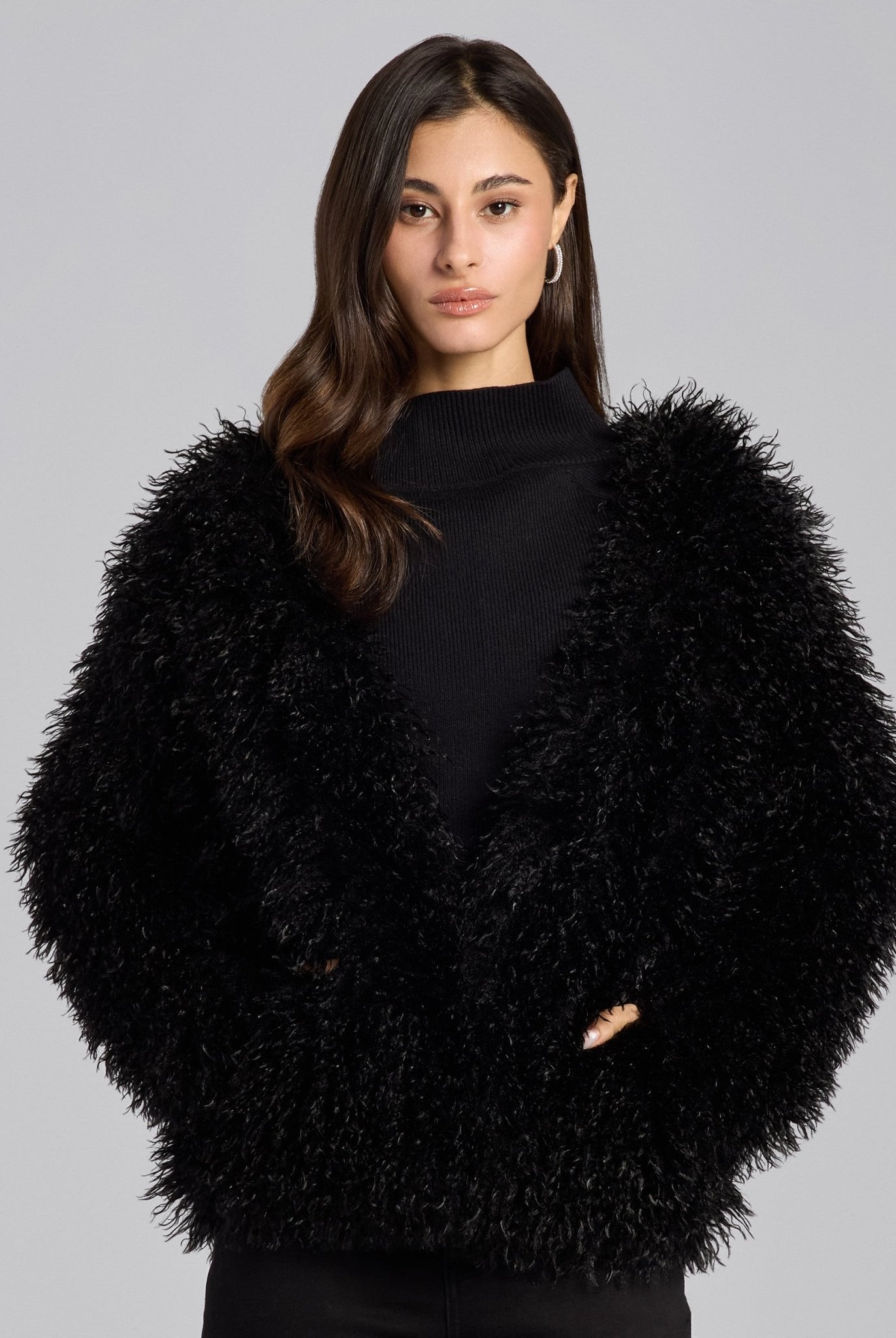 Black Faux Tibet Lamb Fur Jacket - shopaleena