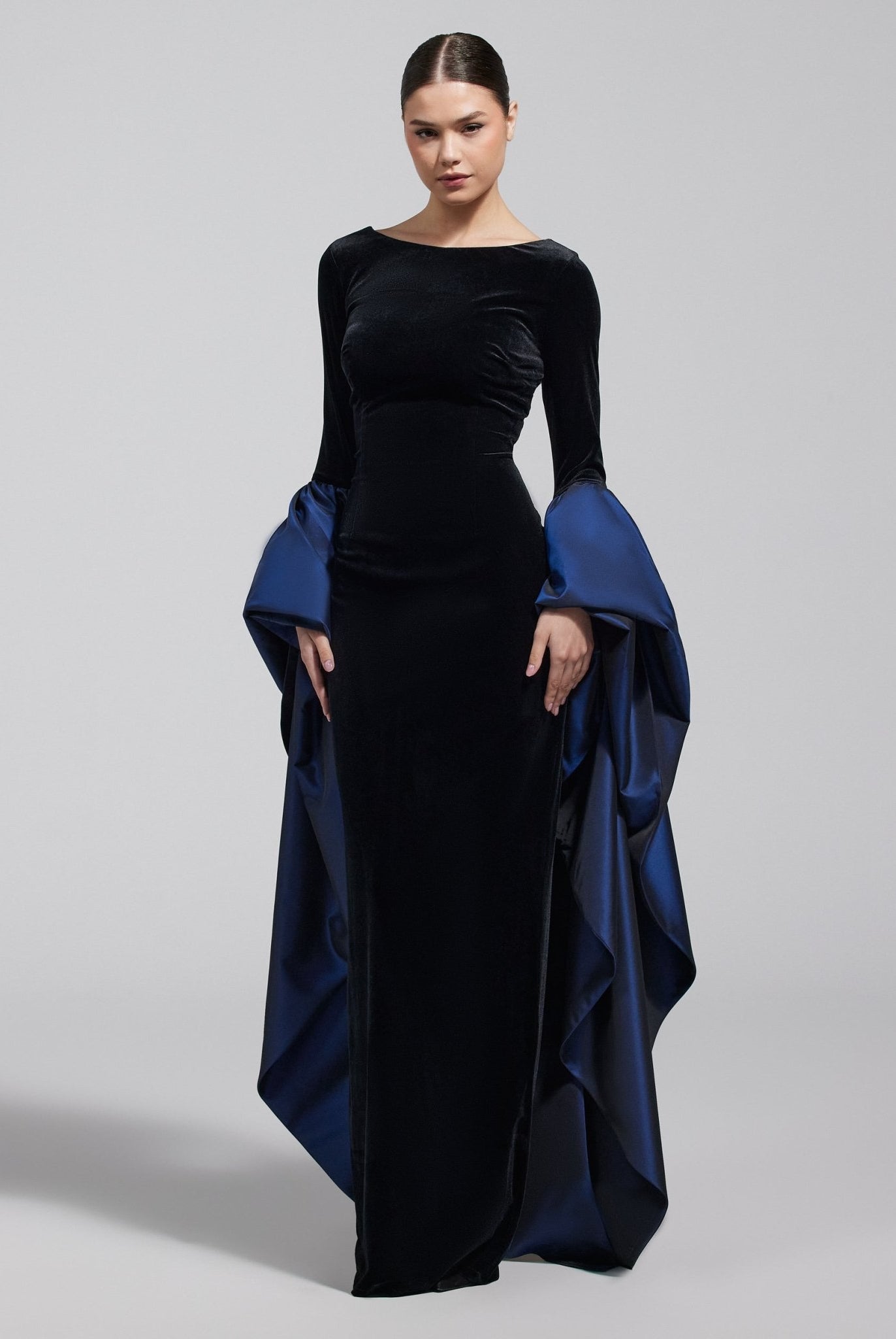 Black Fitted Gown With Extra Long Sleeves - shopaleena