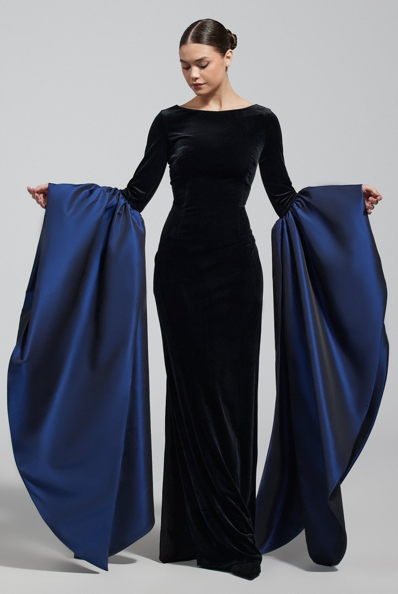 Black Fitted Gown With Extra Long Sleeves - shopaleena