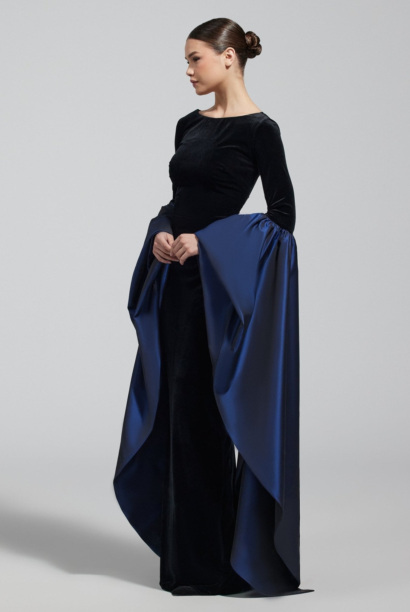 Black Fitted Gown With Extra Long Sleeves - shopaleena
