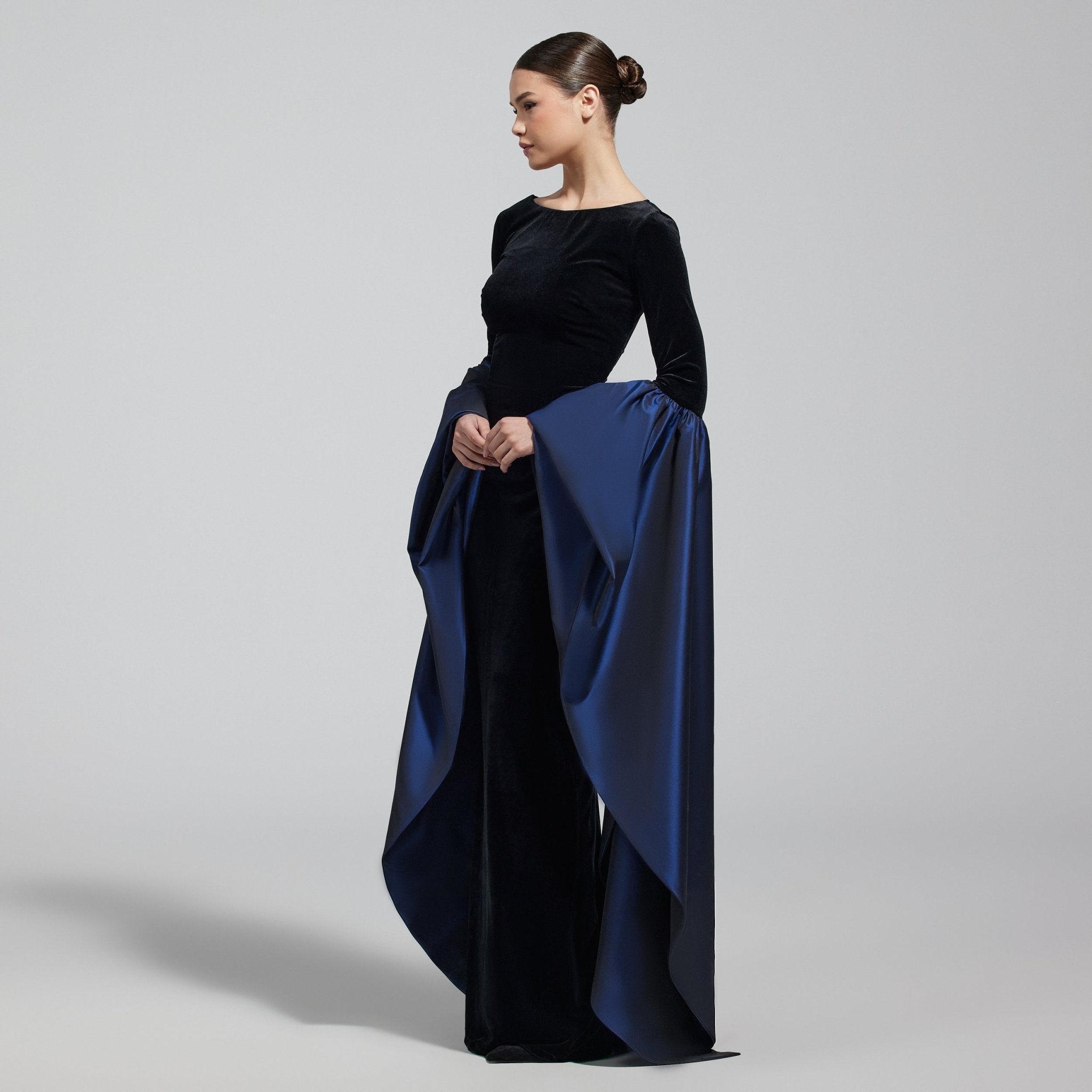 Black Fitted Gown With Extra Long Sleeves - shopaleena