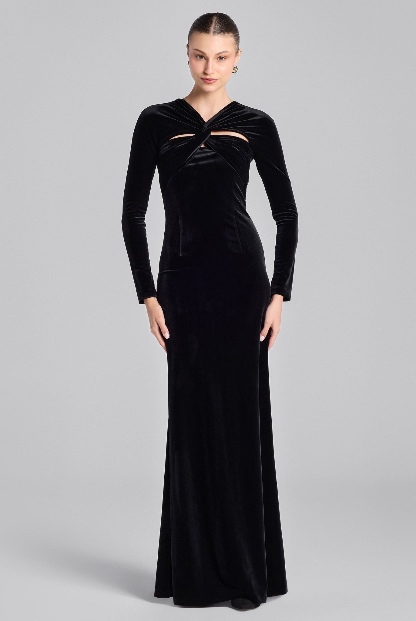 Black Gathered Chest Velvet Maxi Dress with Silver Accessory - shopaleena
