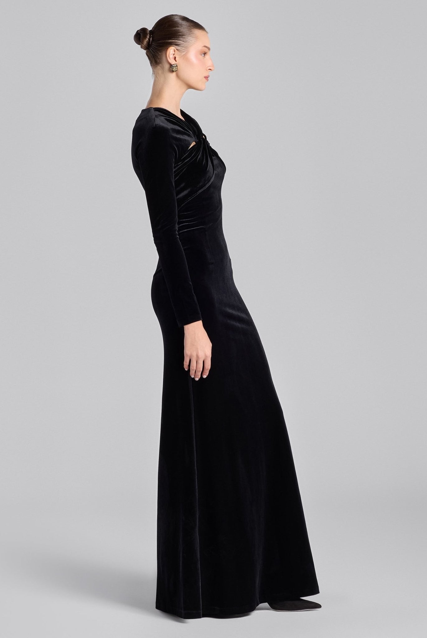 Black Gathered Chest Velvet Maxi Dress with Silver Accessory - shopaleena