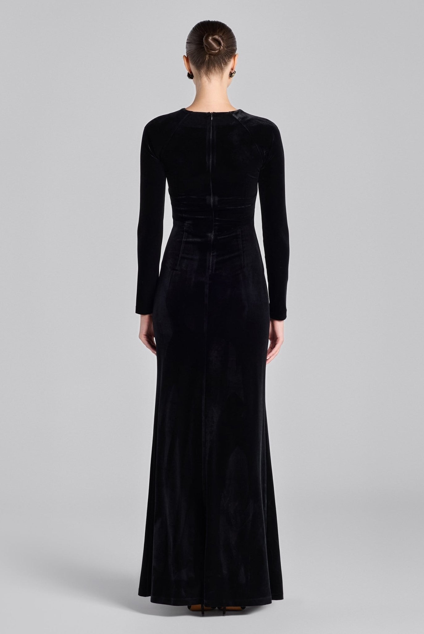 Black Gathered Chest Velvet Maxi Dress with Silver Accessory - shopaleena