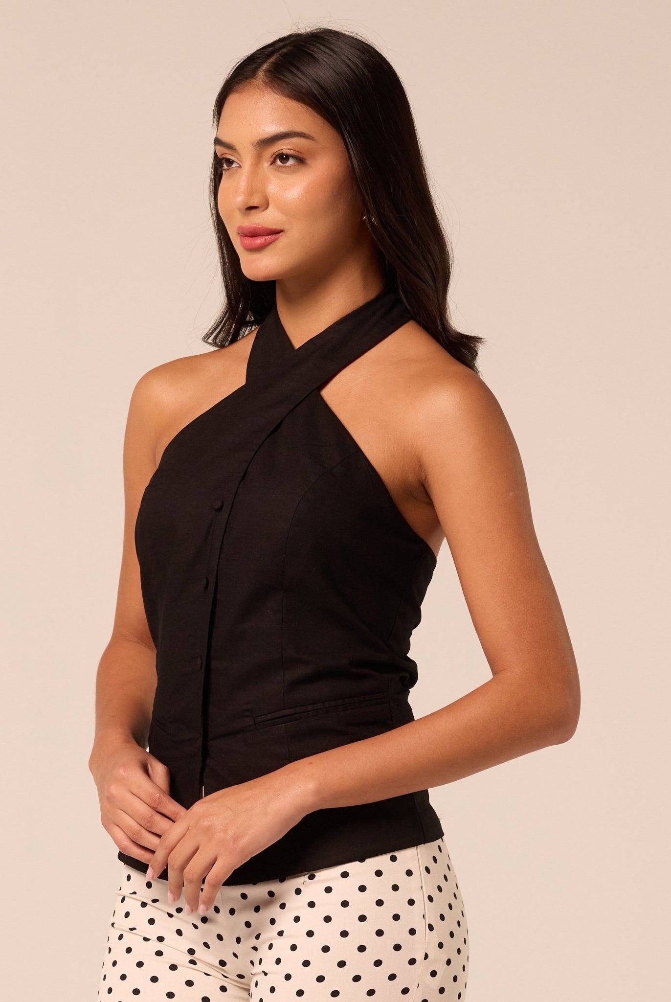 Black Halter Neck Button Top - shopaleena