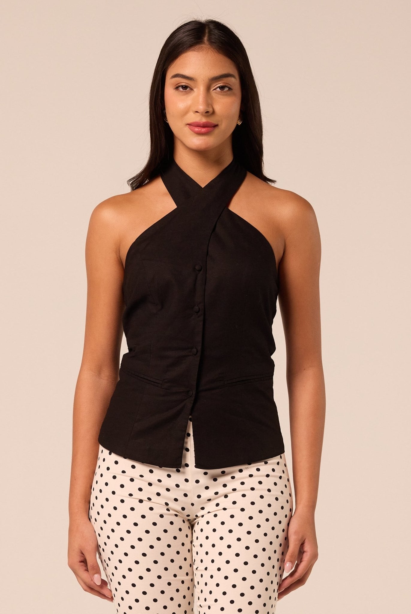 Black Halter Neck Button Top - shopaleena