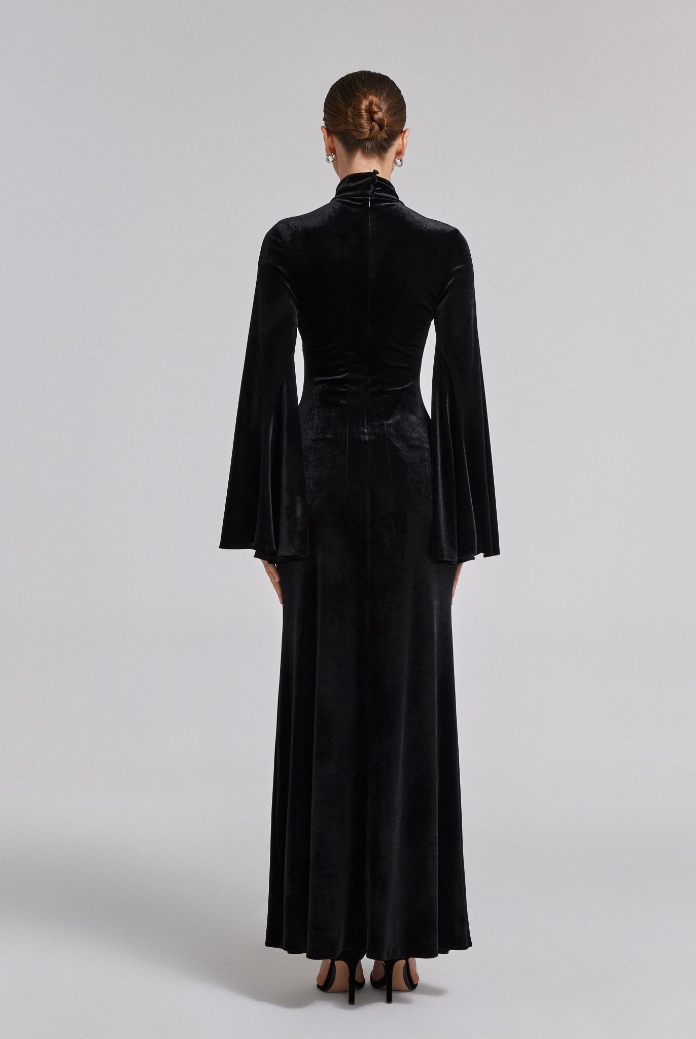 Black High Neck Flared Sleeve Velvet Dress - shopaleena