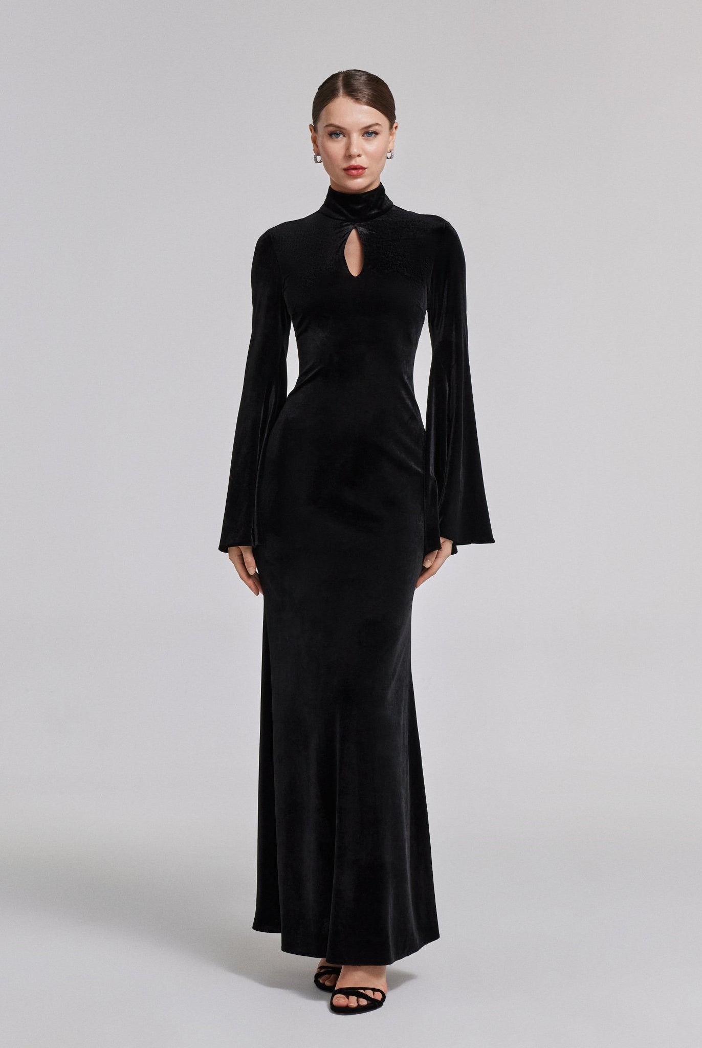 Black High Neck Flared Sleeve Velvet Dress - shopaleena