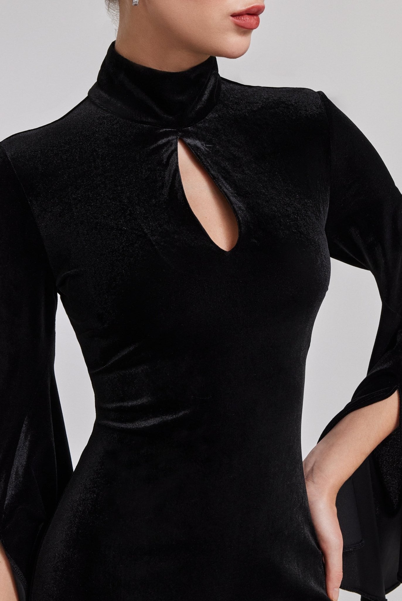 Black High Neck Flared Sleeve Velvet Dress - shopaleena