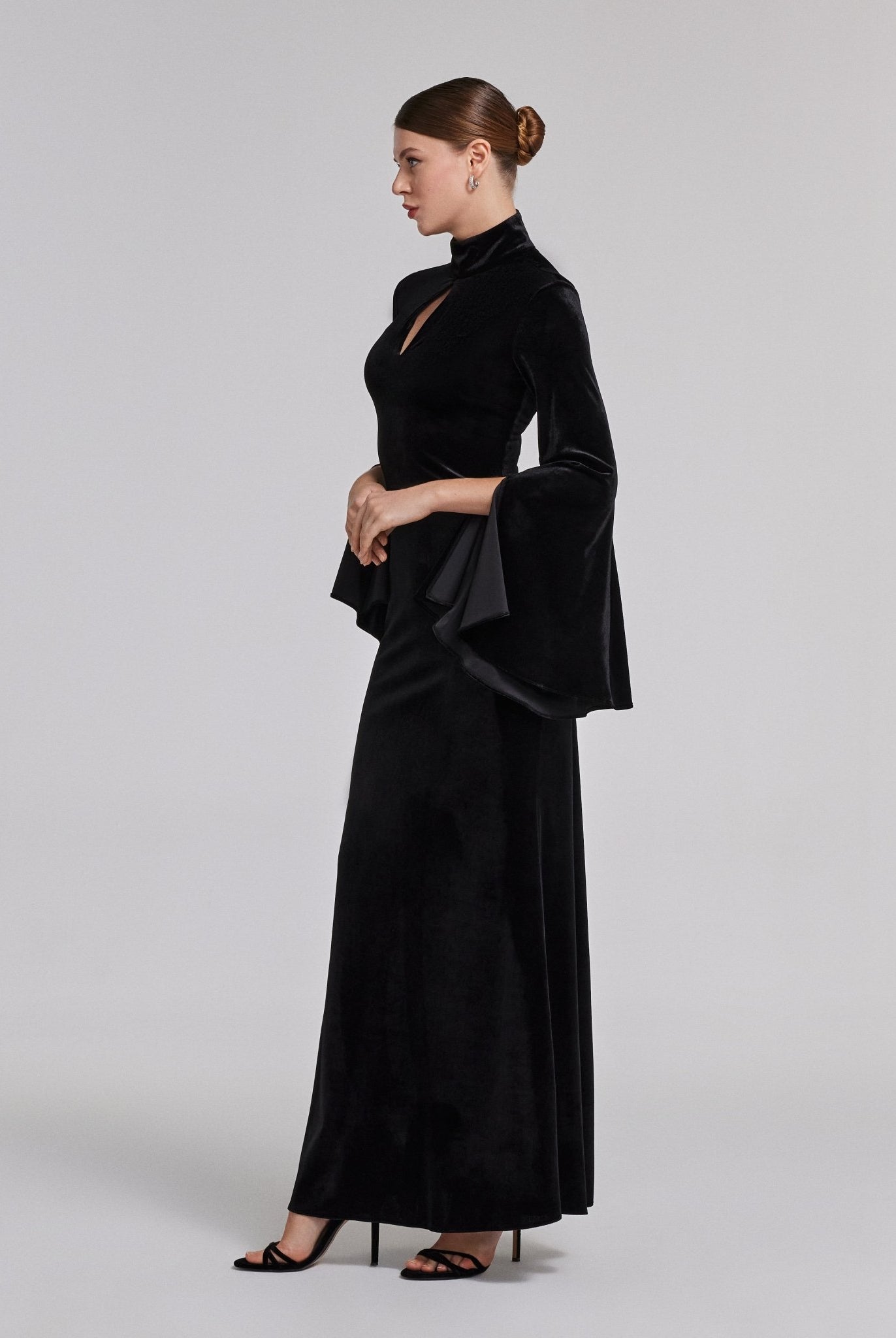 Black High Neck Flared Sleeve Velvet Dress - shopaleena