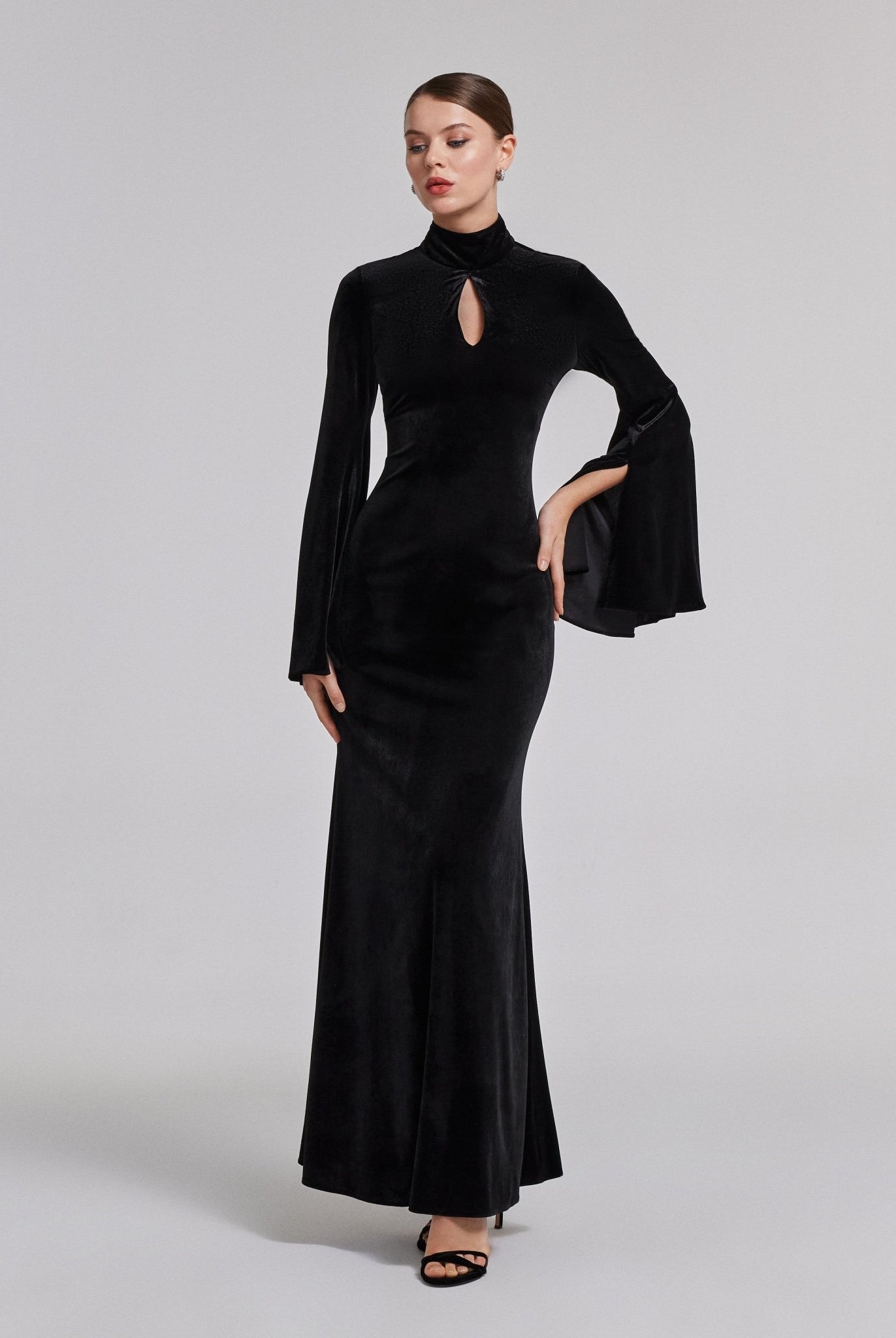 Black High Neck Flared Sleeve Velvet Dress - shopaleena