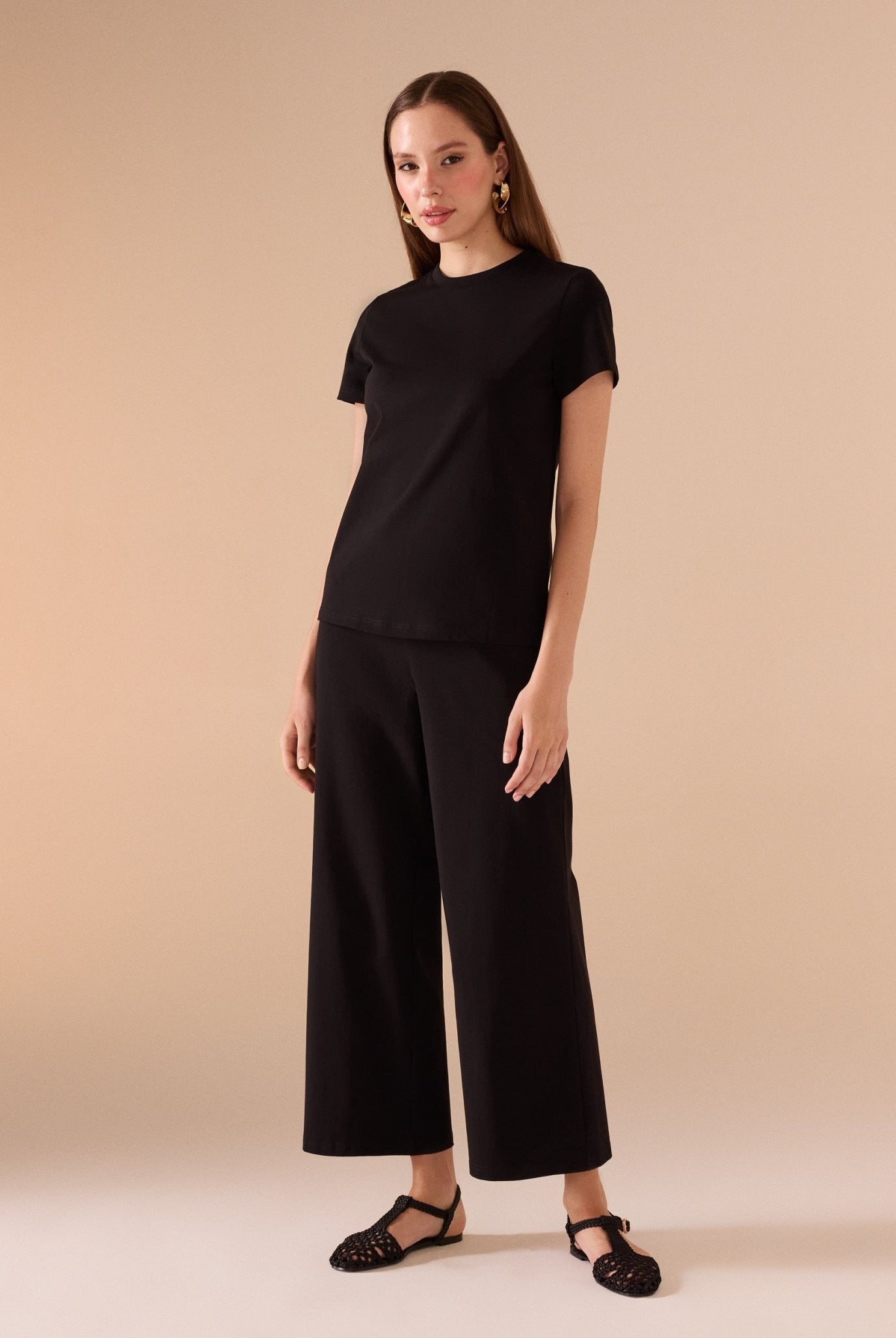Black High Waist Cotton Pant & Short Sleeve Top Set (2 pieces) - shopaleena