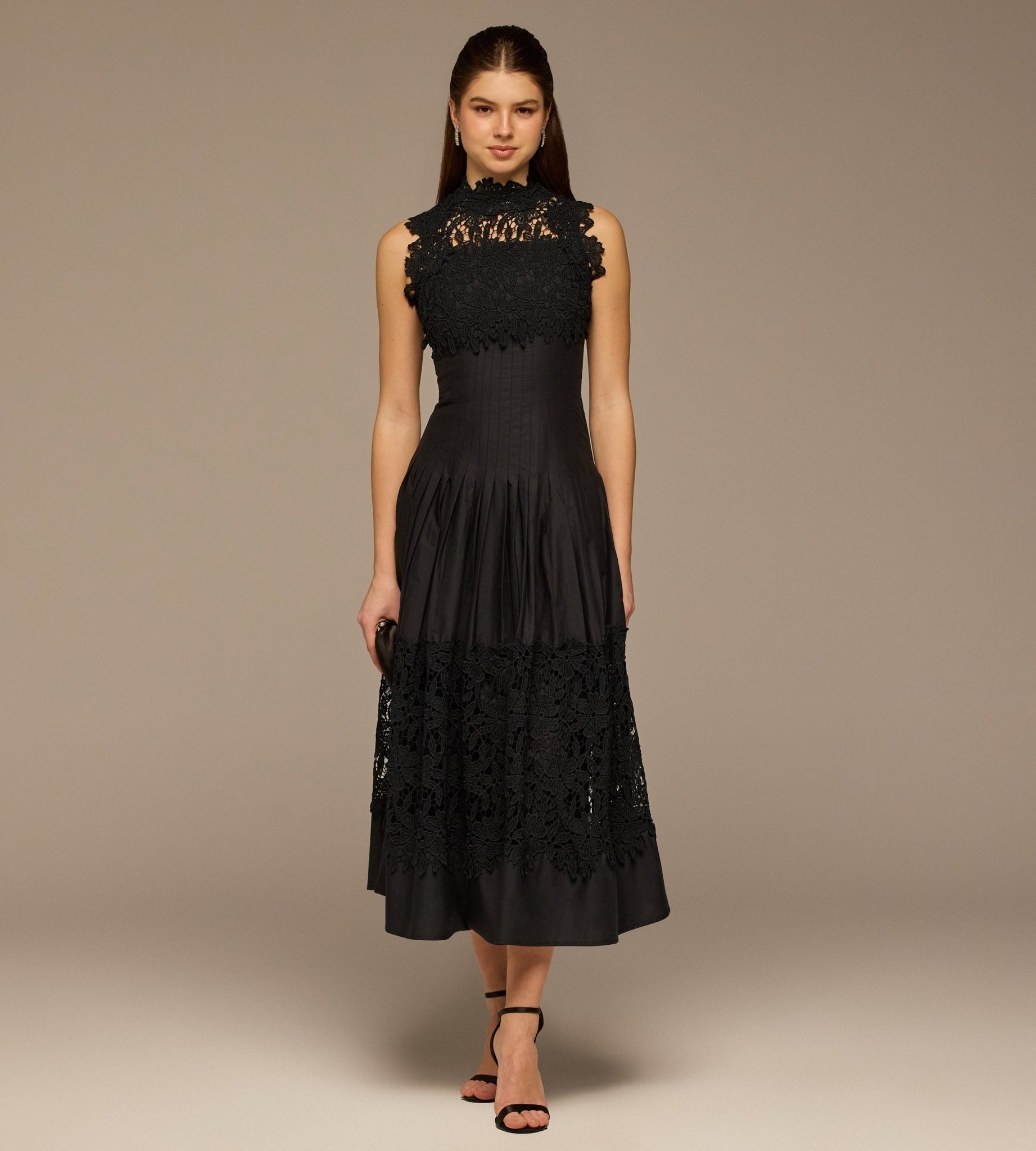 Black Lace - Paneled Cotton Midi Dress - shopaleena