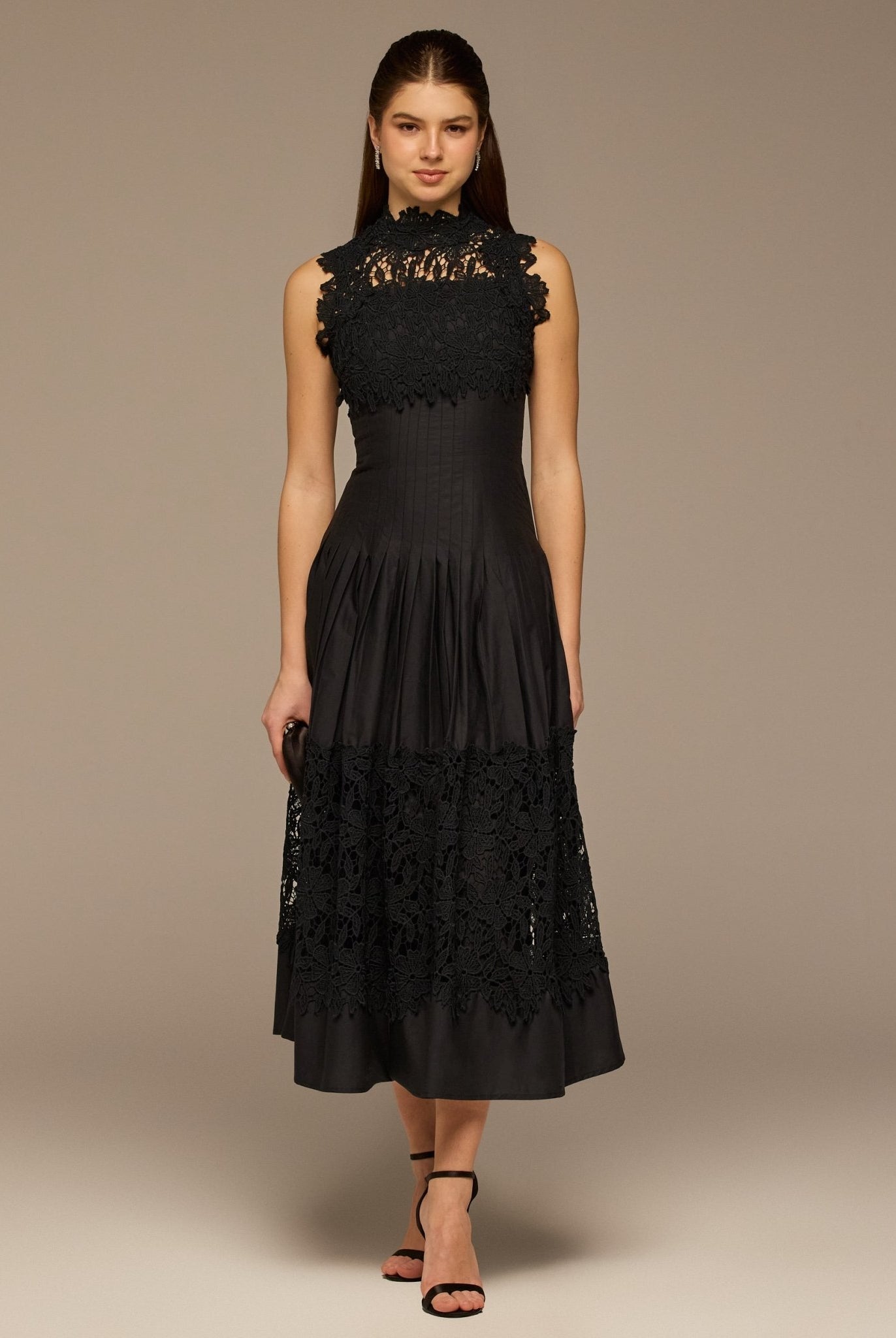 Black Lace - Paneled Cotton Midi Dress - shopaleena