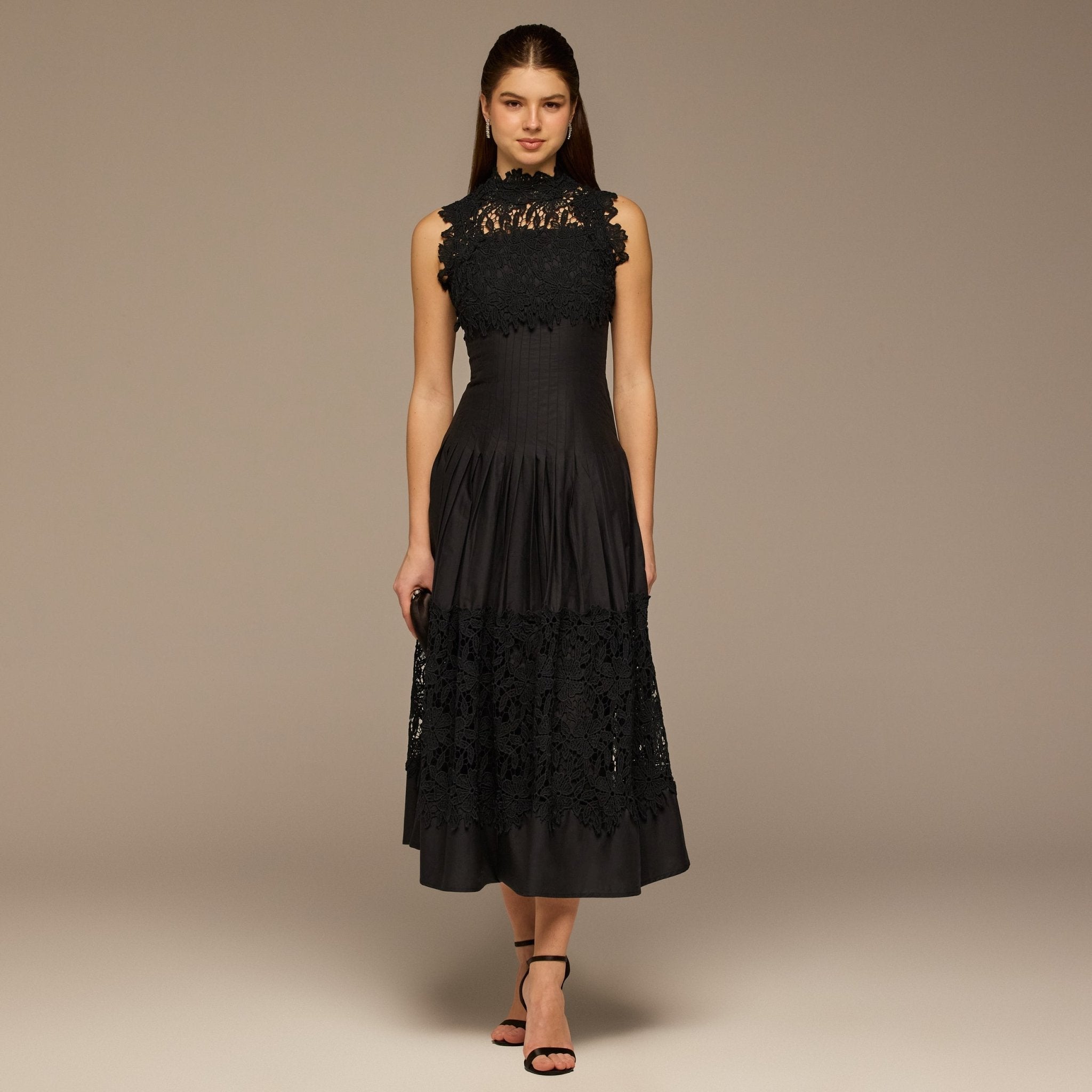 Black Lace - Paneled Cotton Midi Dress - shopaleena