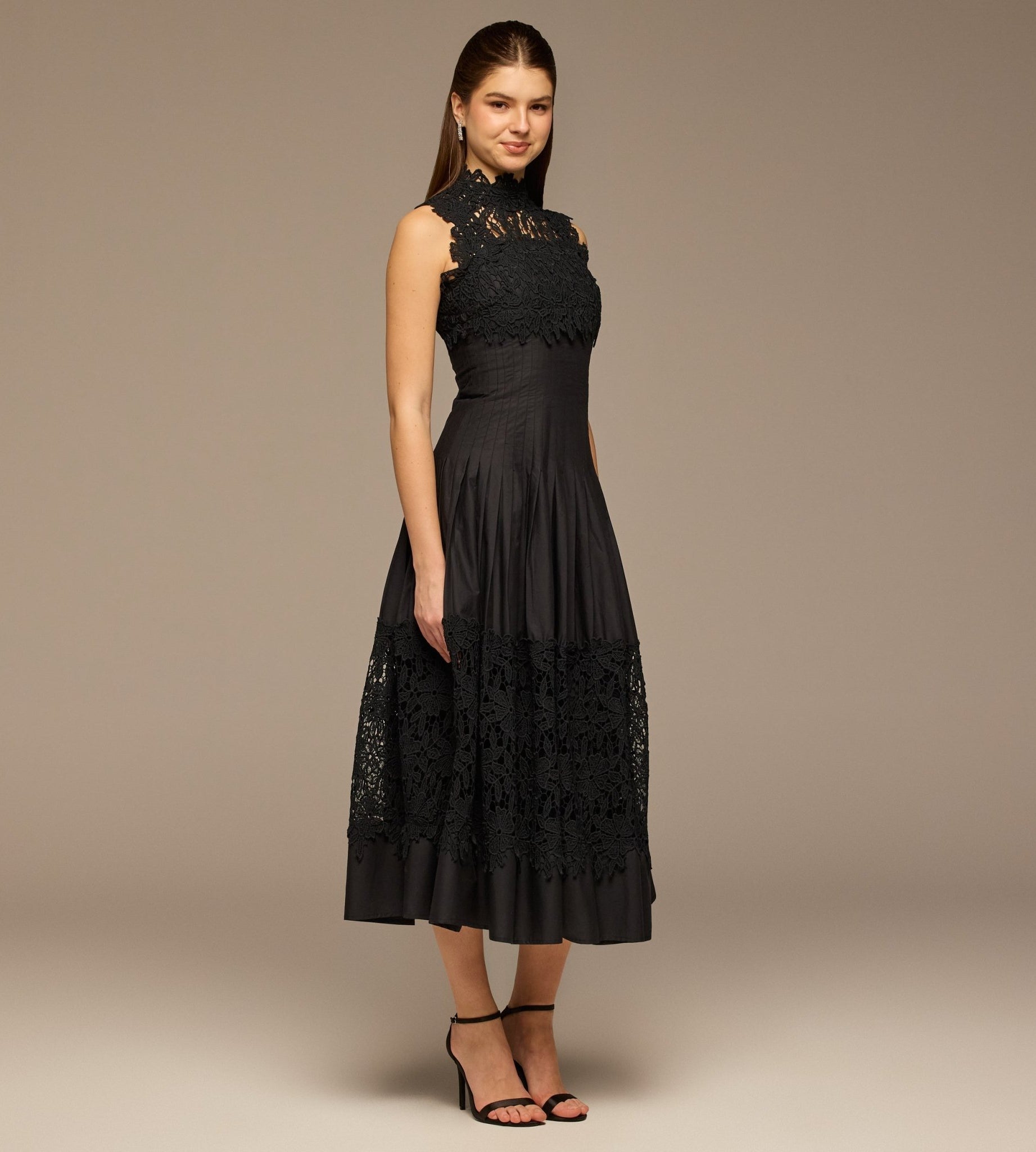 Black Lace - Paneled Cotton Midi Dress - shopaleena