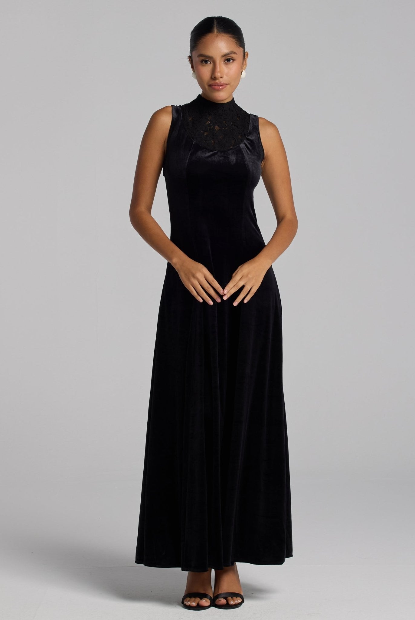 Black Lace Turtleneck Velvet Maxi Dress - shopaleena
