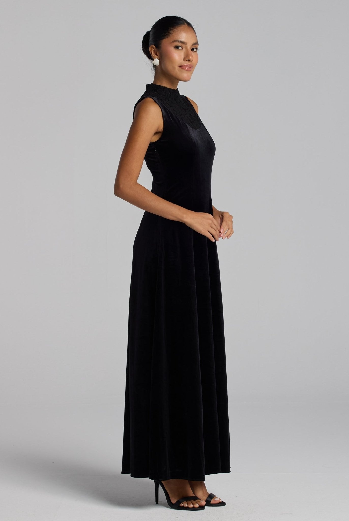 Black Lace Turtleneck Velvet Maxi Dress - shopaleena