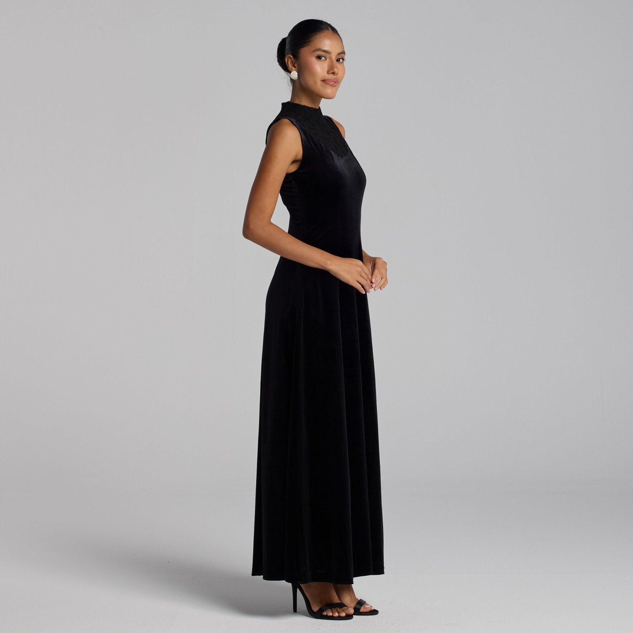 Black Lace Turtleneck Velvet Maxi Dress - shopaleena