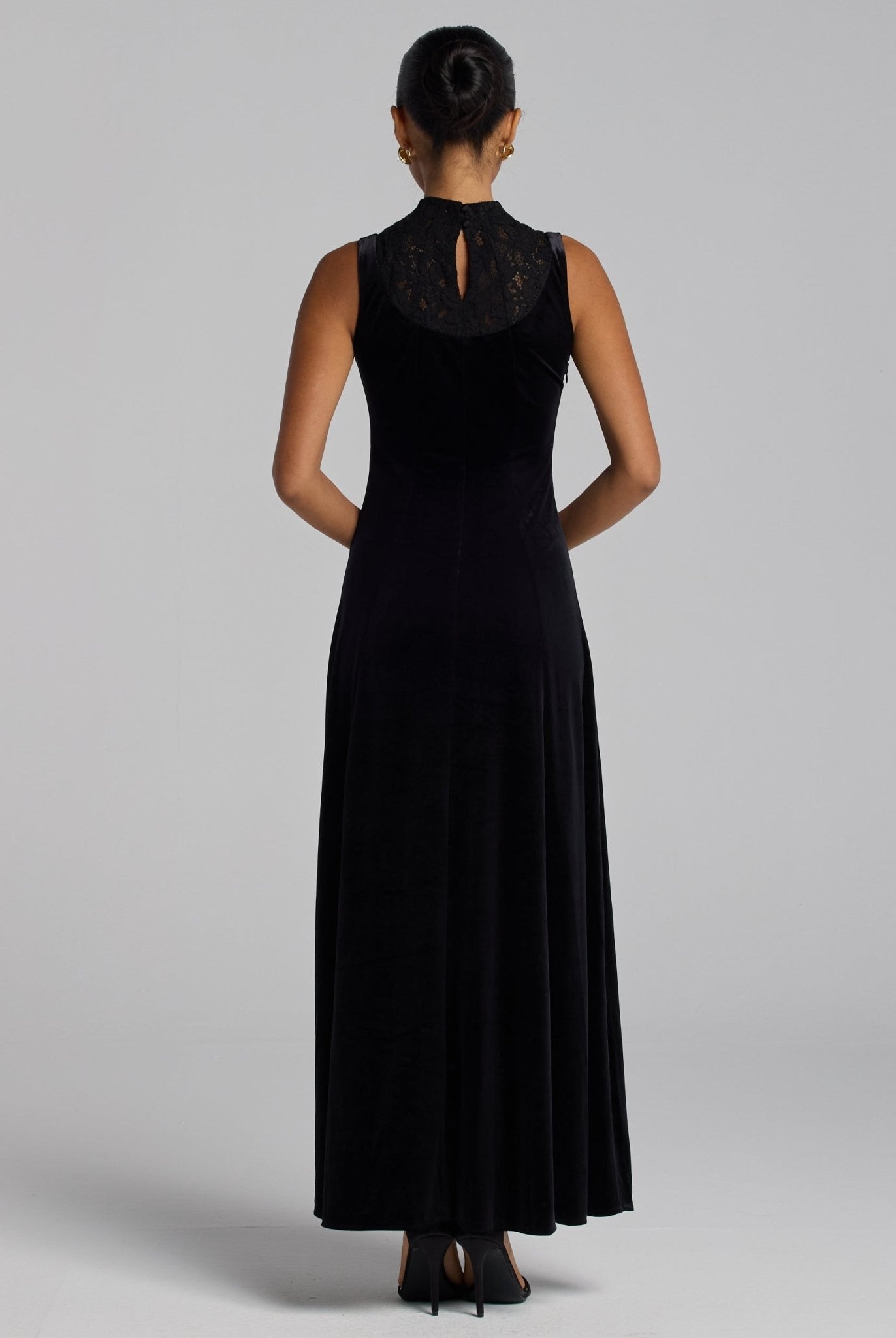 Black Lace Turtleneck Velvet Maxi Dress - shopaleena