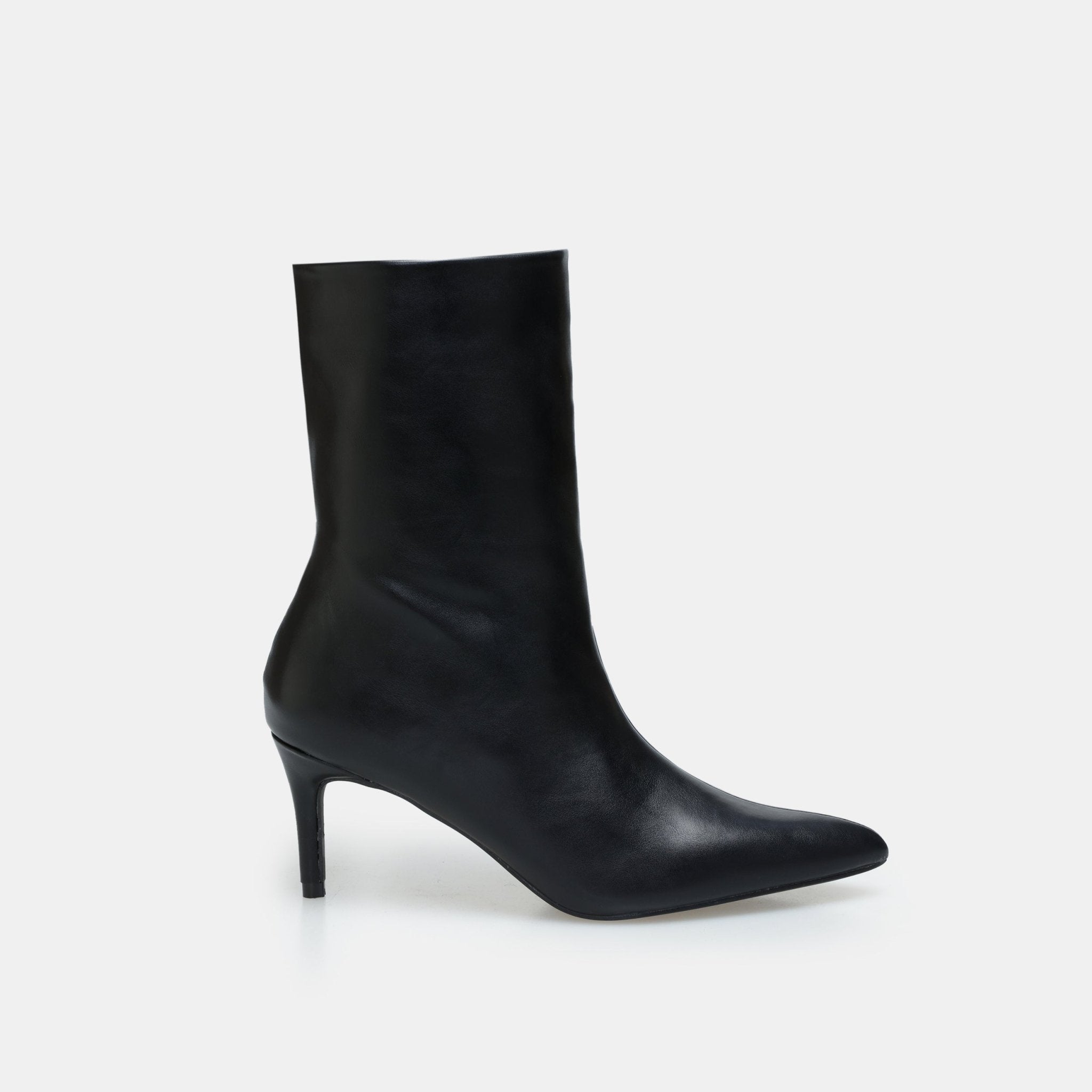 Black Leather Mid - Calf High Heel Boots - shopaleena