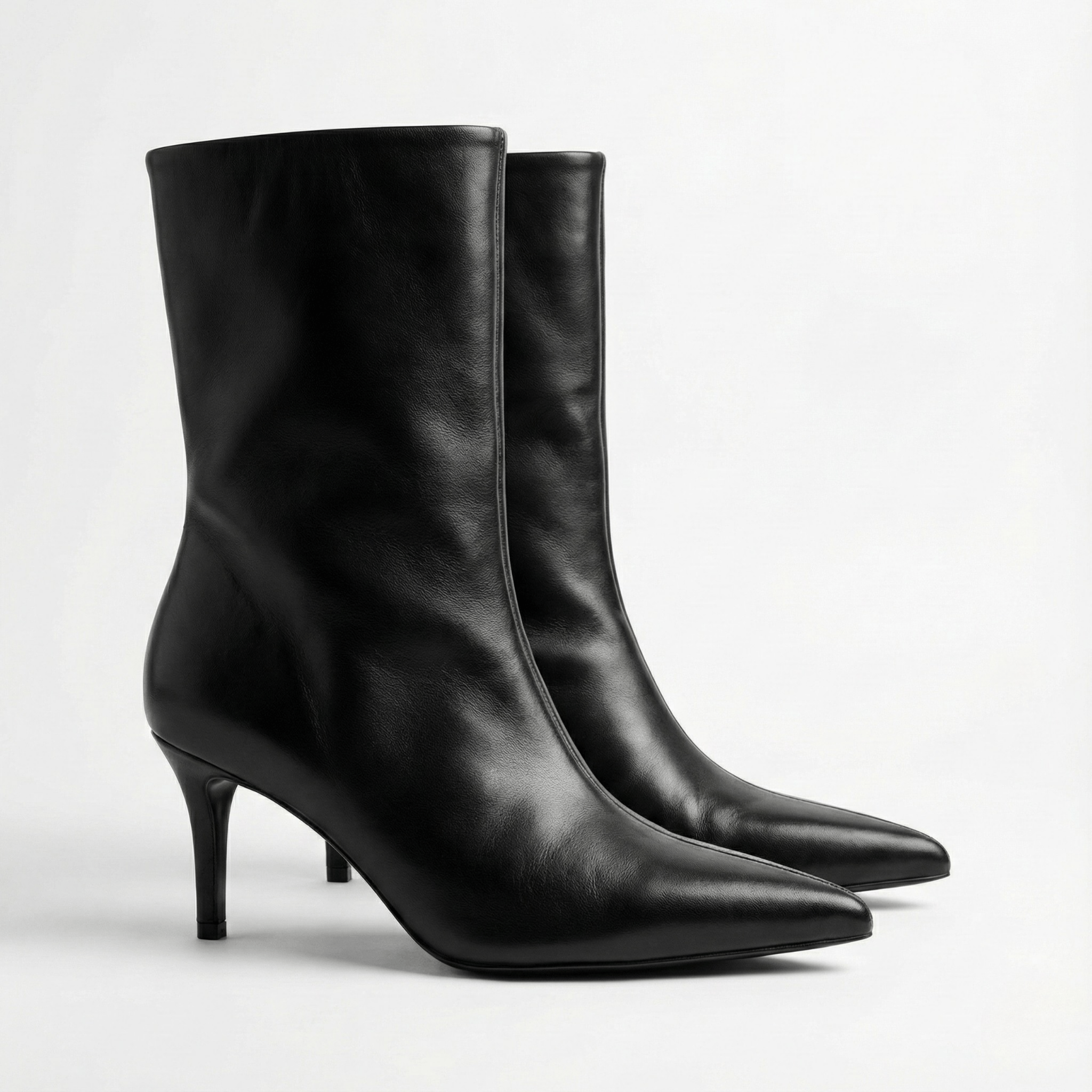 Black Leather Mid - Calf High Heel Boots - shopaleena
