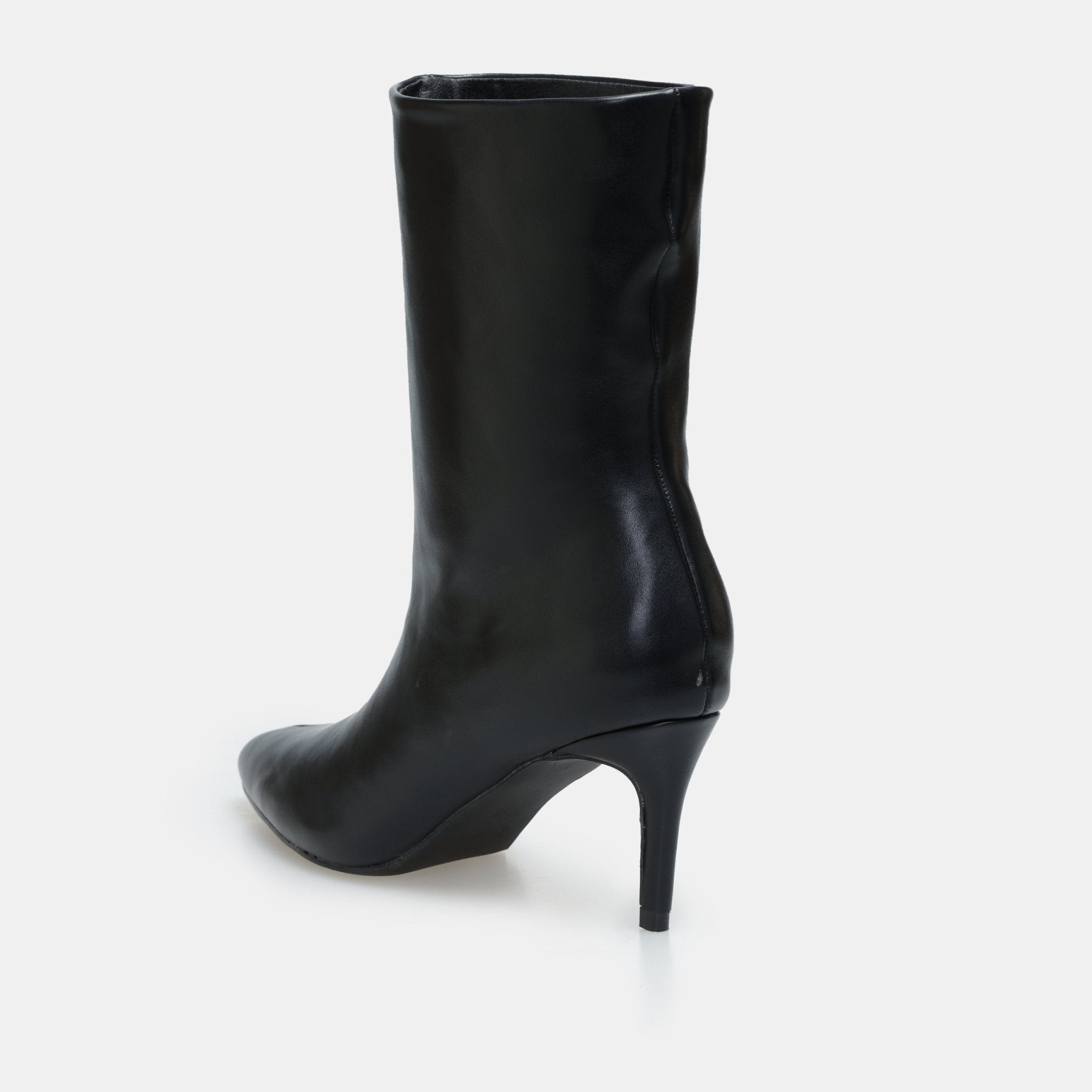 Black Leather Mid - Calf High Heel Boots - shopaleena