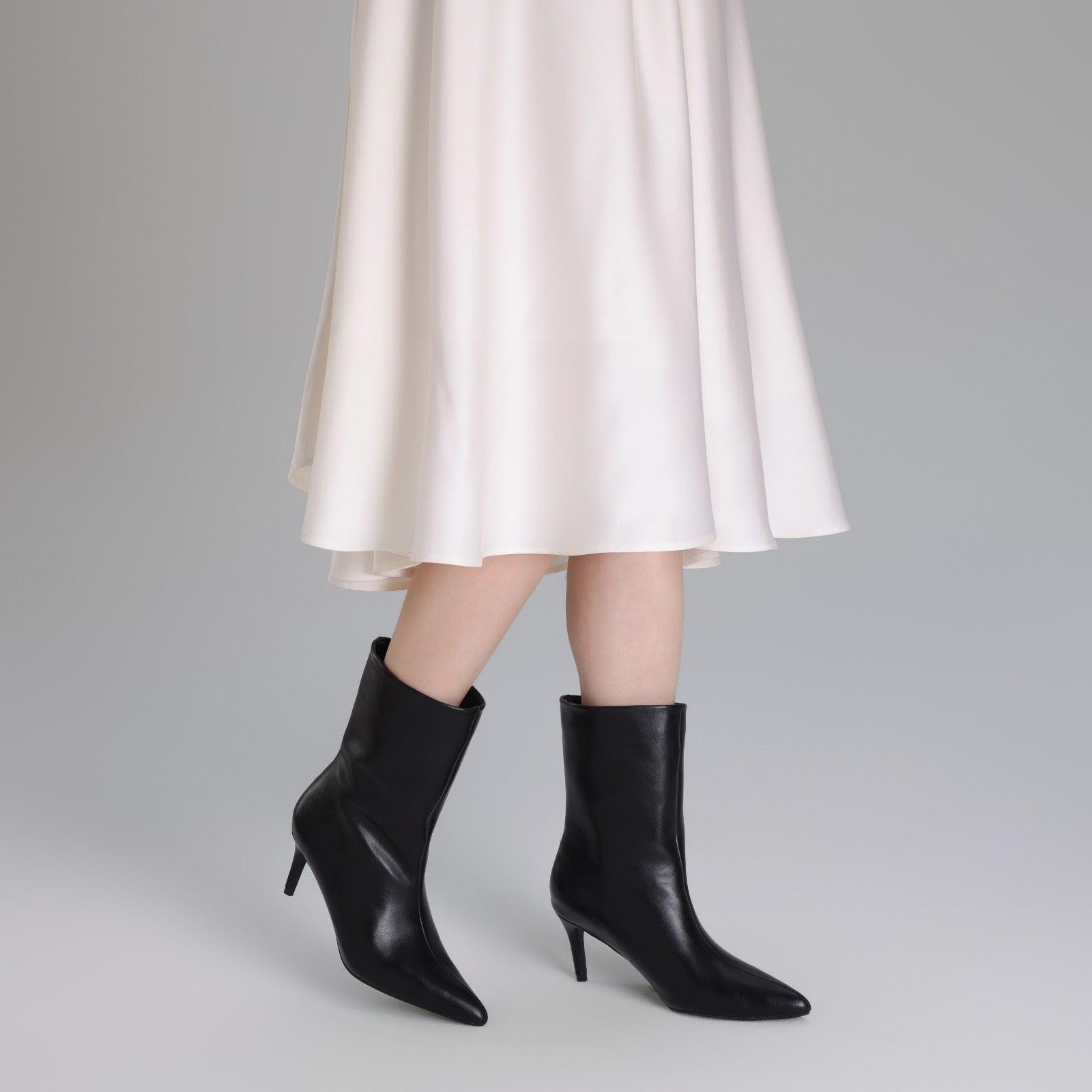 Black Leather Mid - Calf High Heel Boots - shopaleena