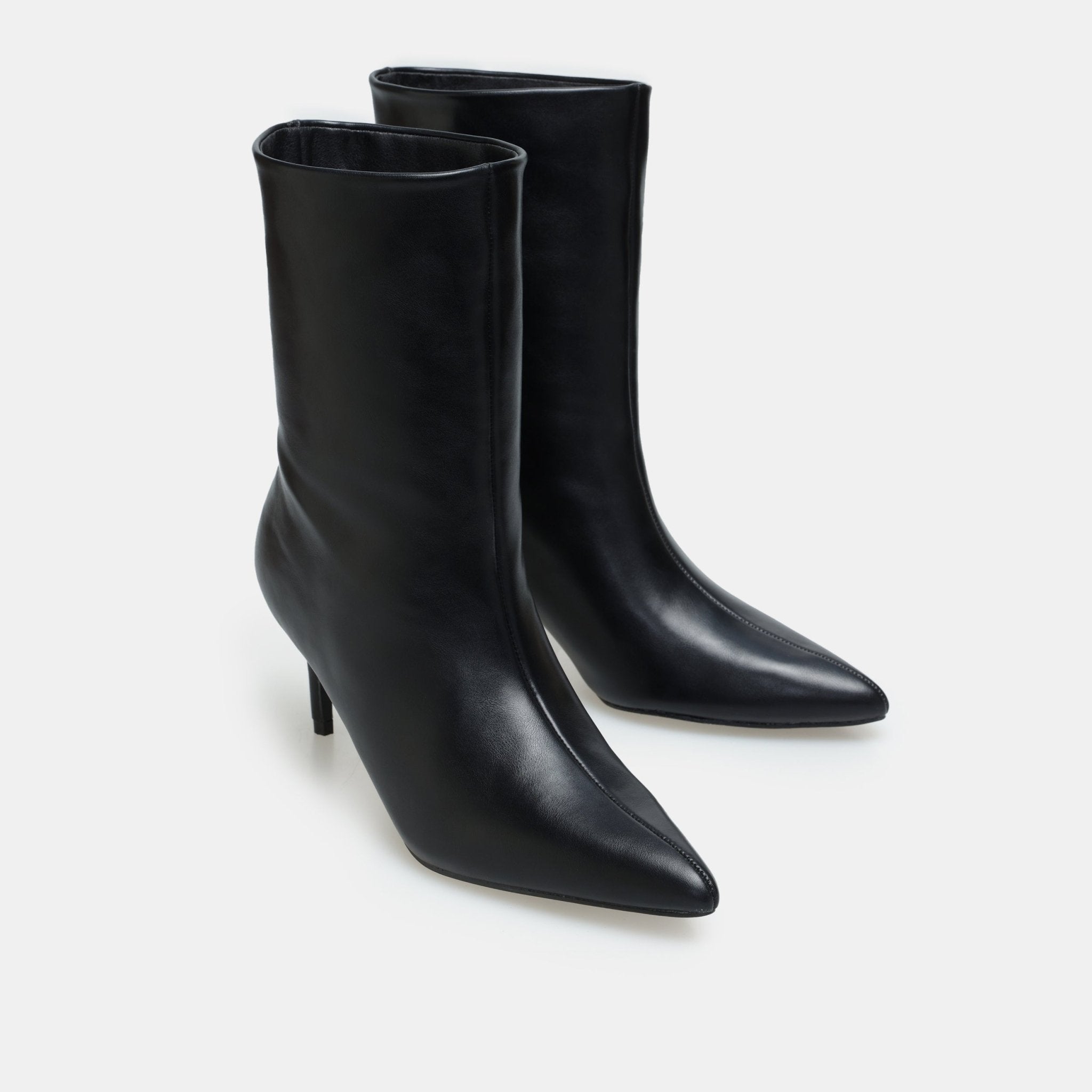 Black Leather Mid - Calf High Heel Boots - shopaleena