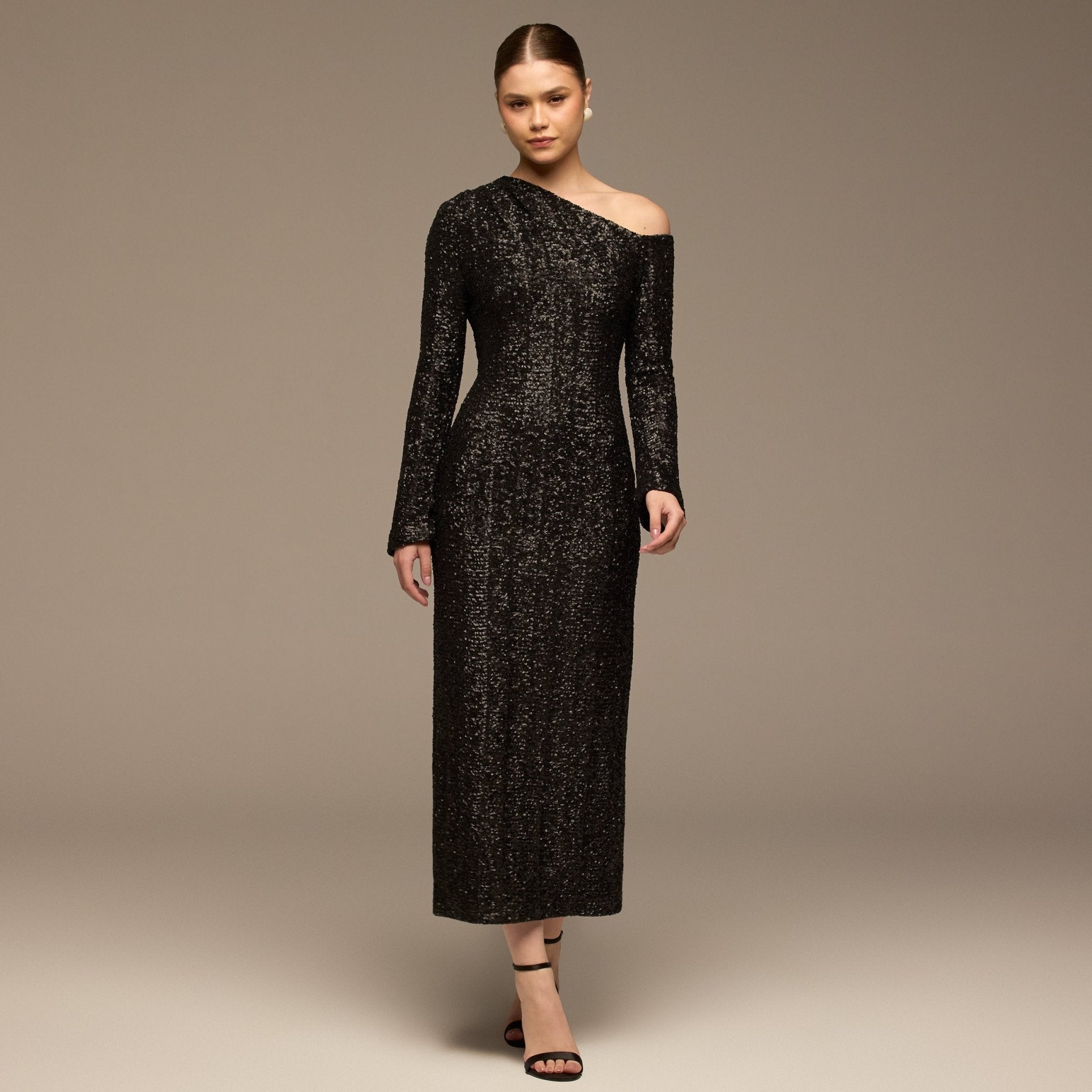 Black Long - Sleeve Sequin Maxi Dress - shopaleena