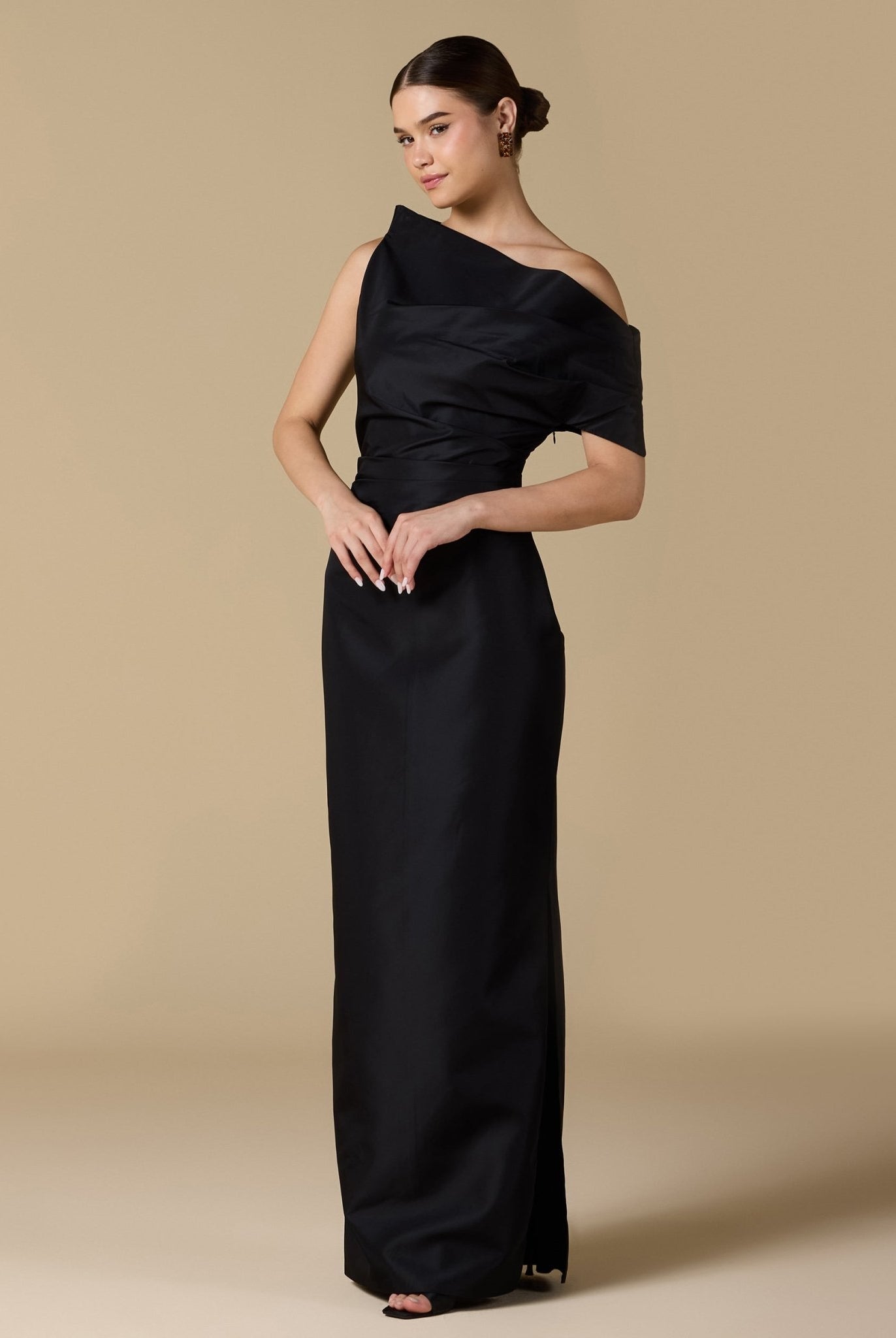 Black One Shoulder Taffeta Gown - shopaleena
