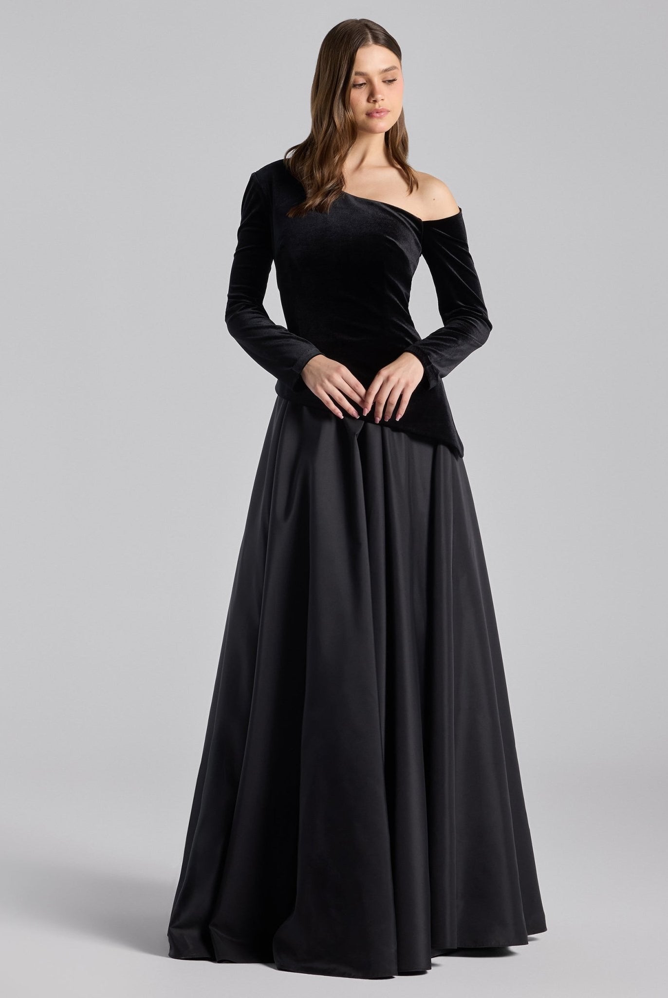 Black One - Shoulder Velvet - Chiffon Maxi Dress - shopaleena