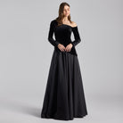 Black One - Shoulder Velvet - Chiffon Maxi Dress - shopaleena