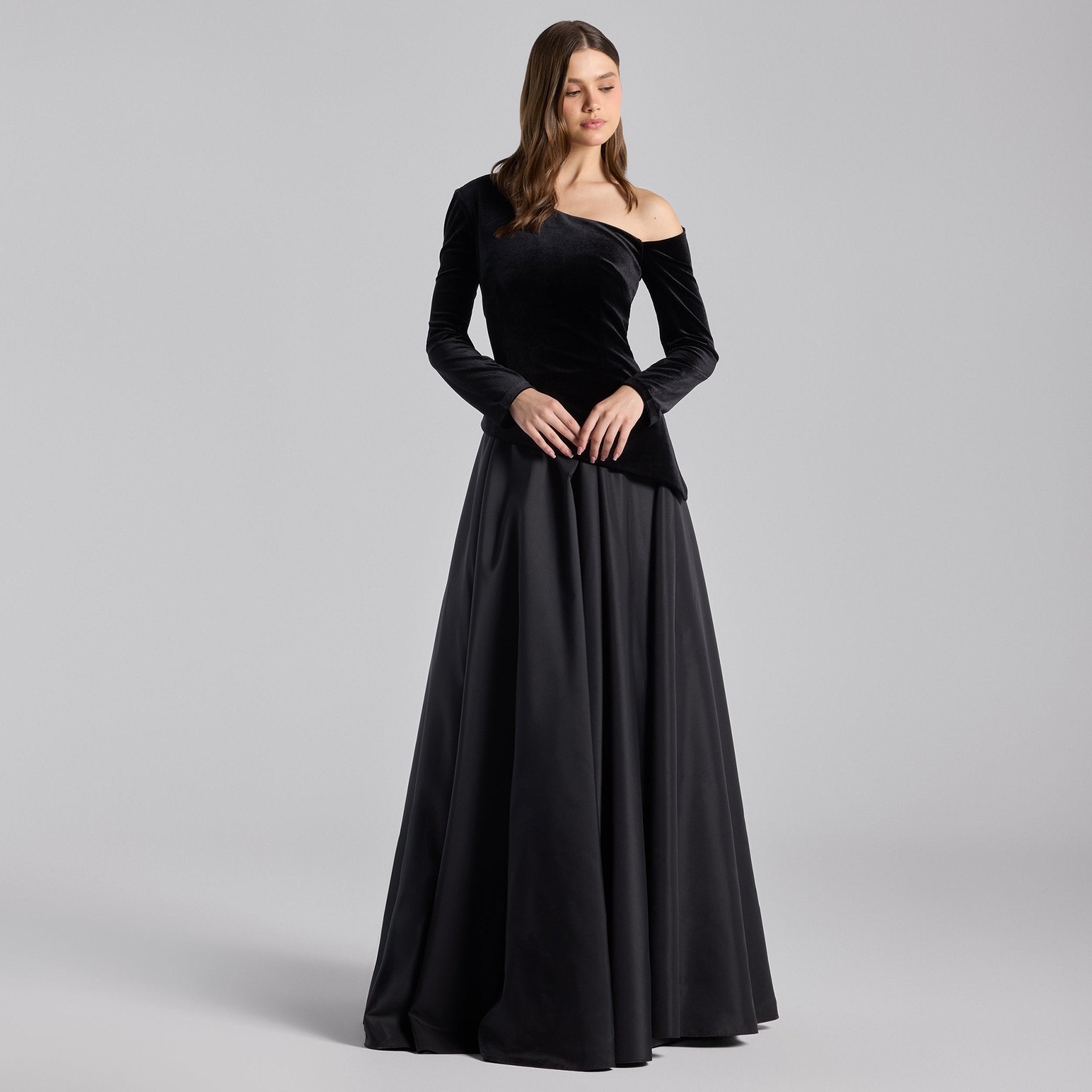 Black One - Shoulder Velvet - Chiffon Maxi Dress - shopaleena