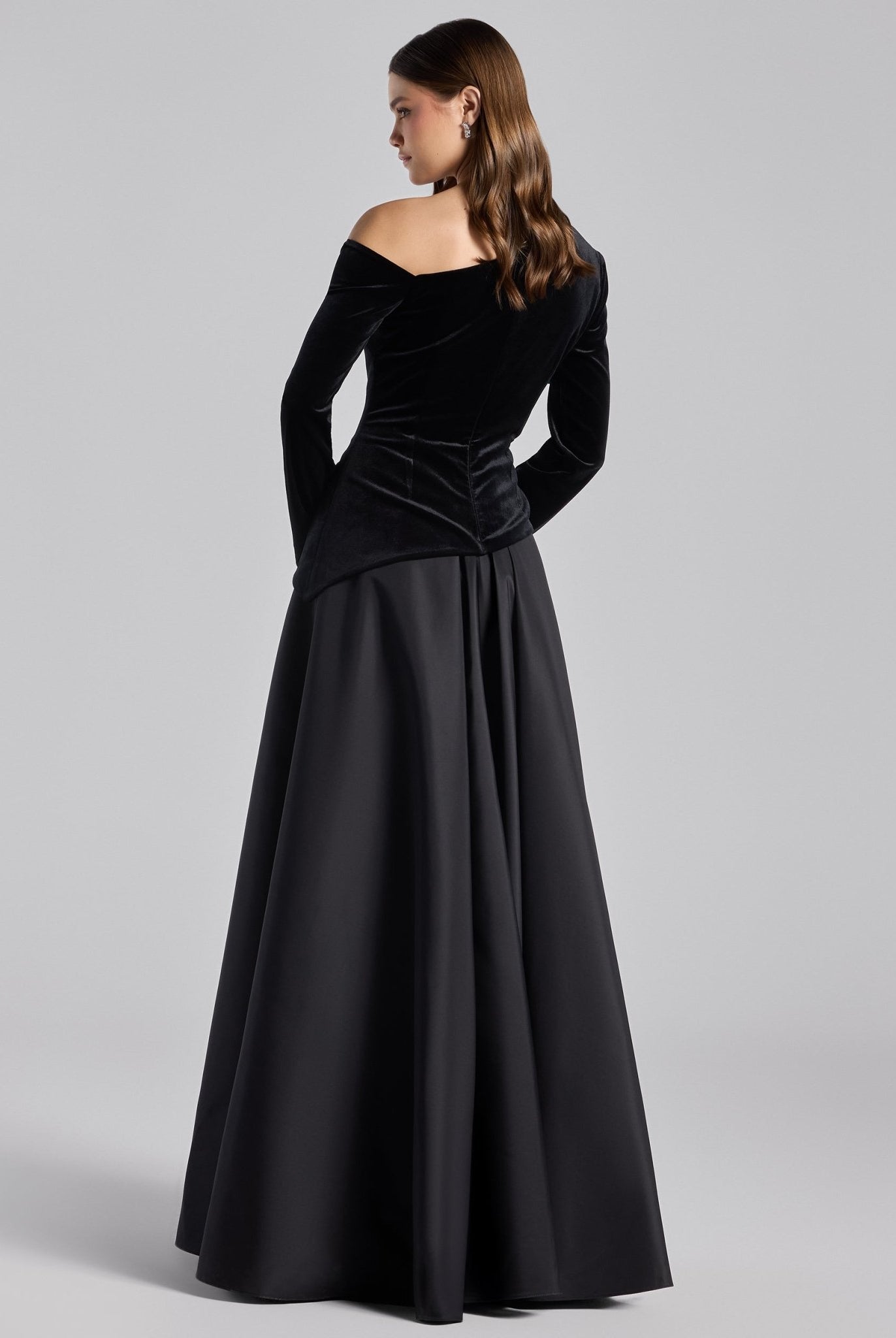 Black One - Shoulder Velvet - Chiffon Maxi Dress - shopaleena