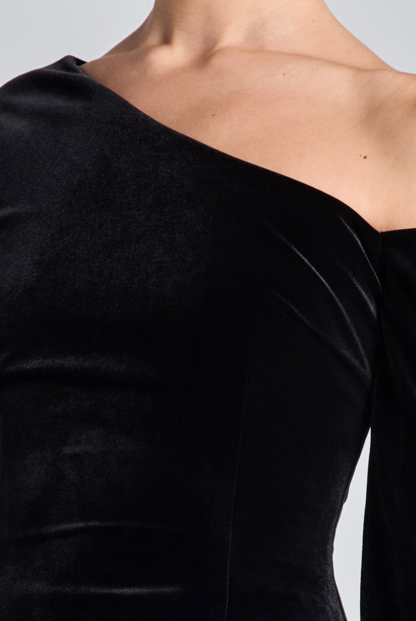 Black One - Shoulder Velvet - Chiffon Maxi Dress - shopaleena