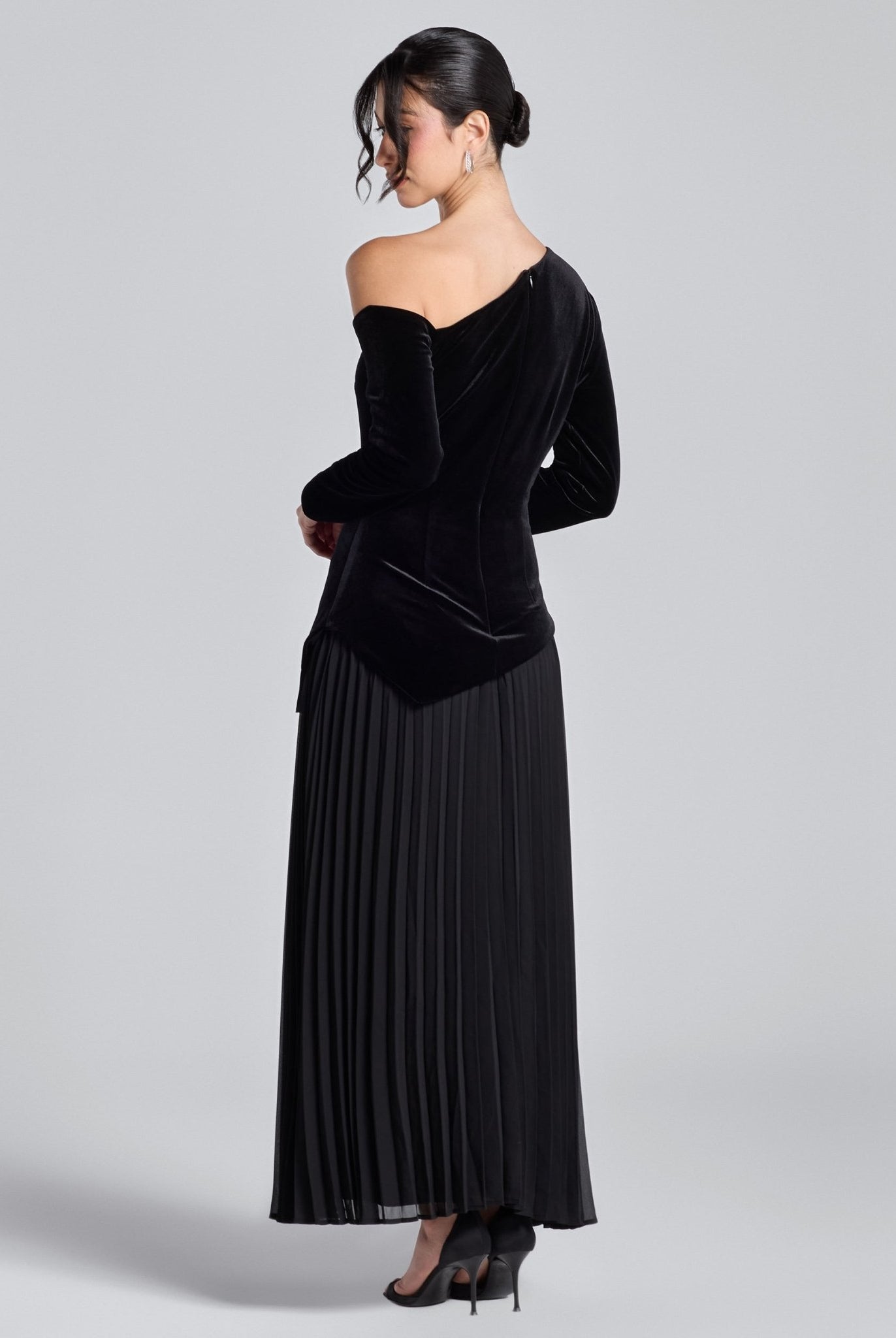 Black One - Shoulder Velvet - Chiffon Maxi Dress - shopaleena