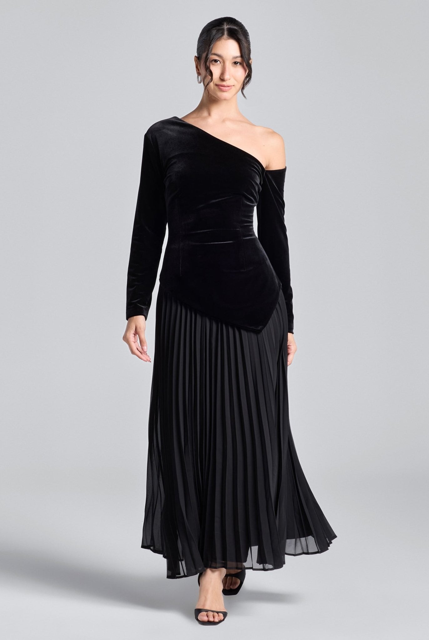 Black One - Shoulder Velvet - Chiffon Maxi Dress - shopaleena