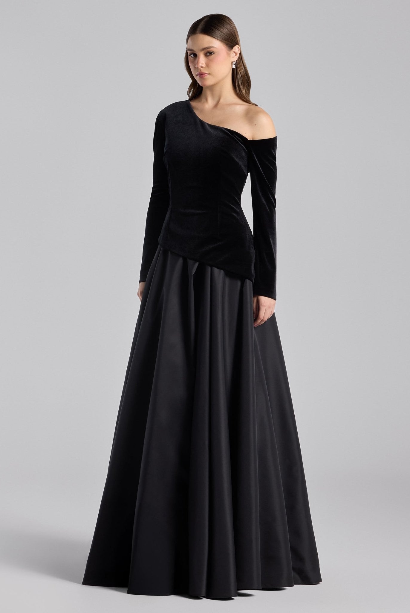 Black One - Shoulder Velvet - Chiffon Maxi Dress - shopaleena