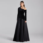 Black One - Shoulder Velvet - Chiffon Maxi Dress - shopaleena